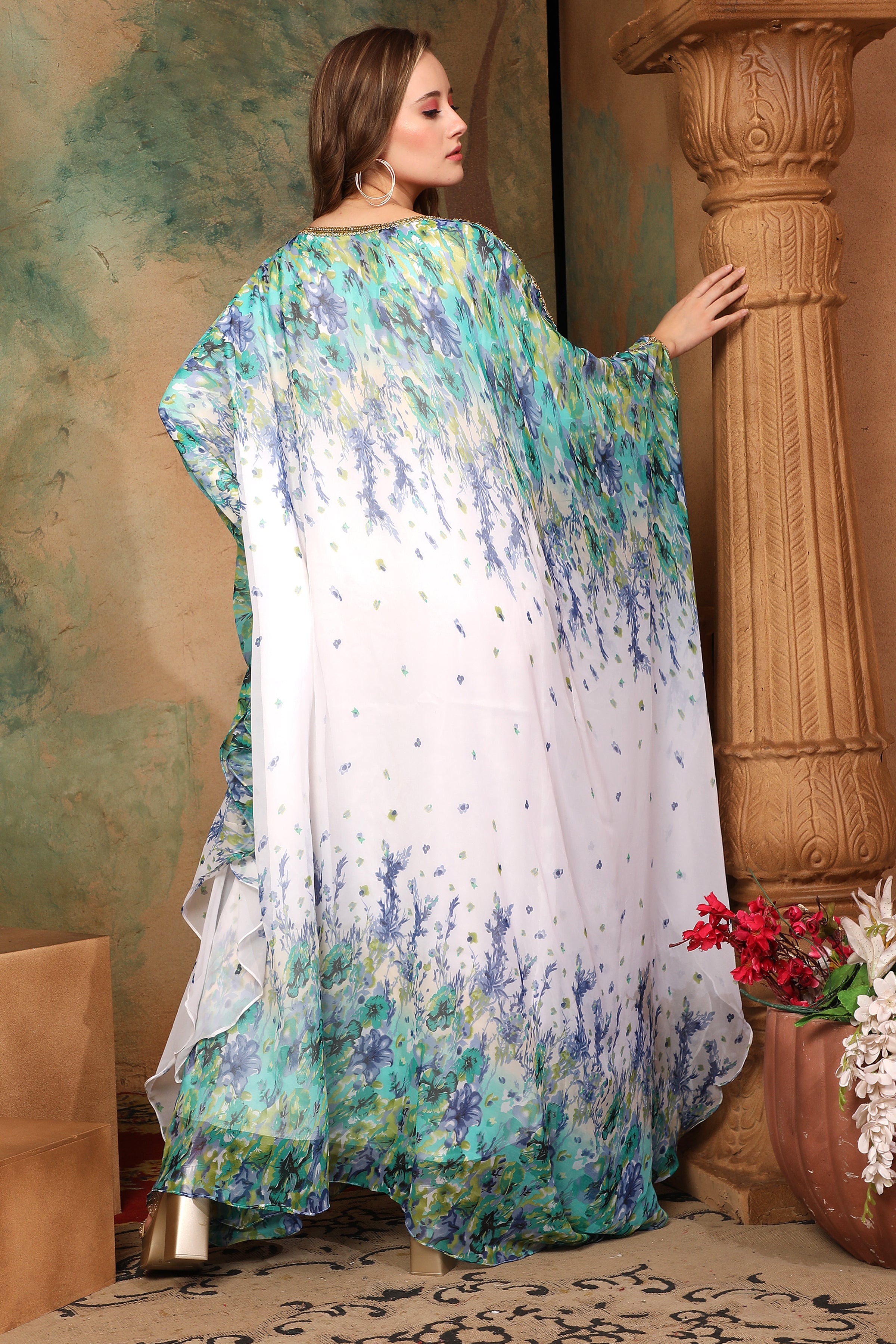 Back of Asma Green And White Printed Kaftan Dress With Hand Embroidery