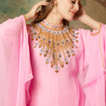 Closeup of Ayah Pink Farasha Kaftan With Hand Embroidery