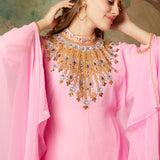 Closeup of Ayah Pink Farasha Kaftan With Hand Embroidery