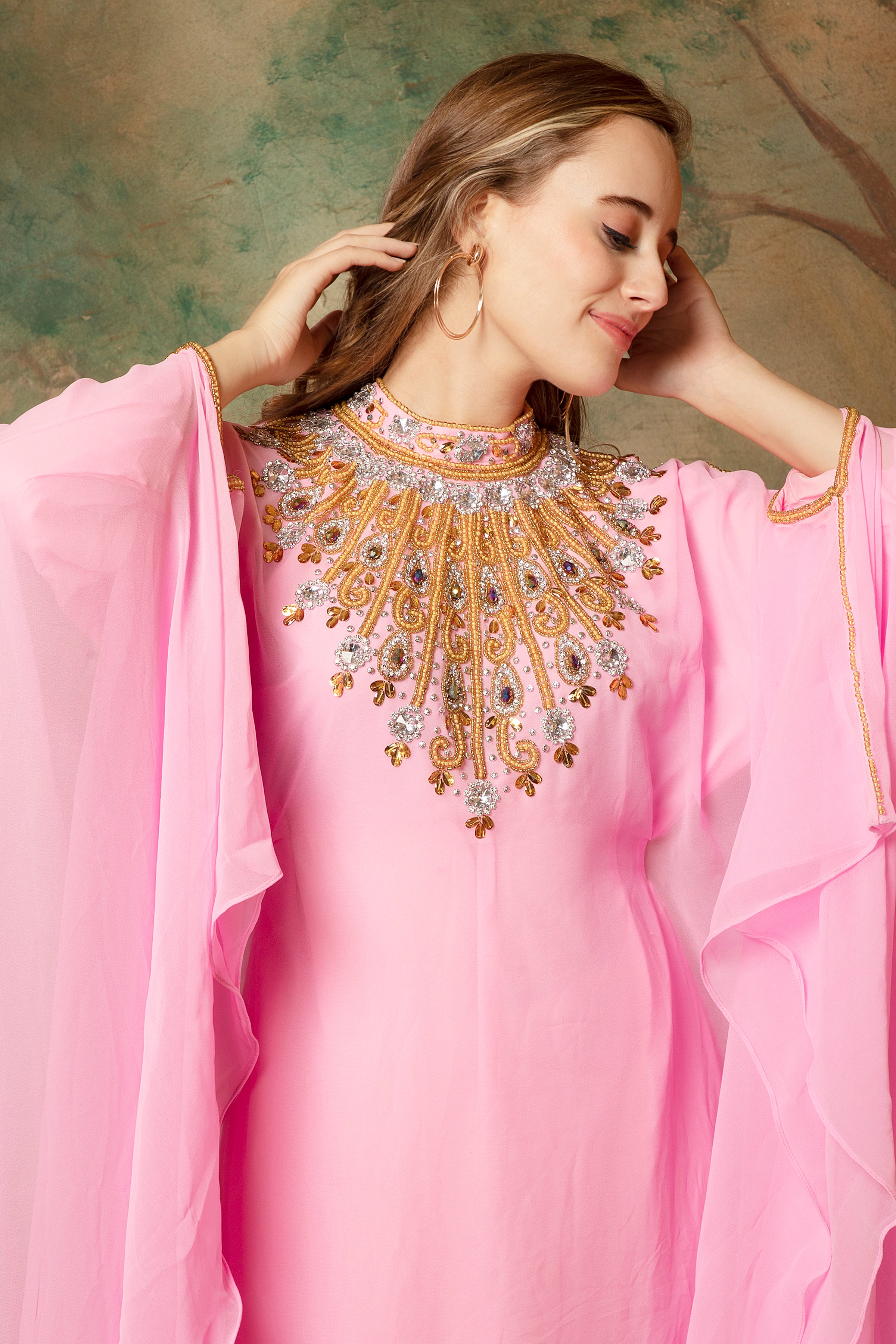 Closeup of Ayah Pink Farasha Kaftan With Hand Embroidery