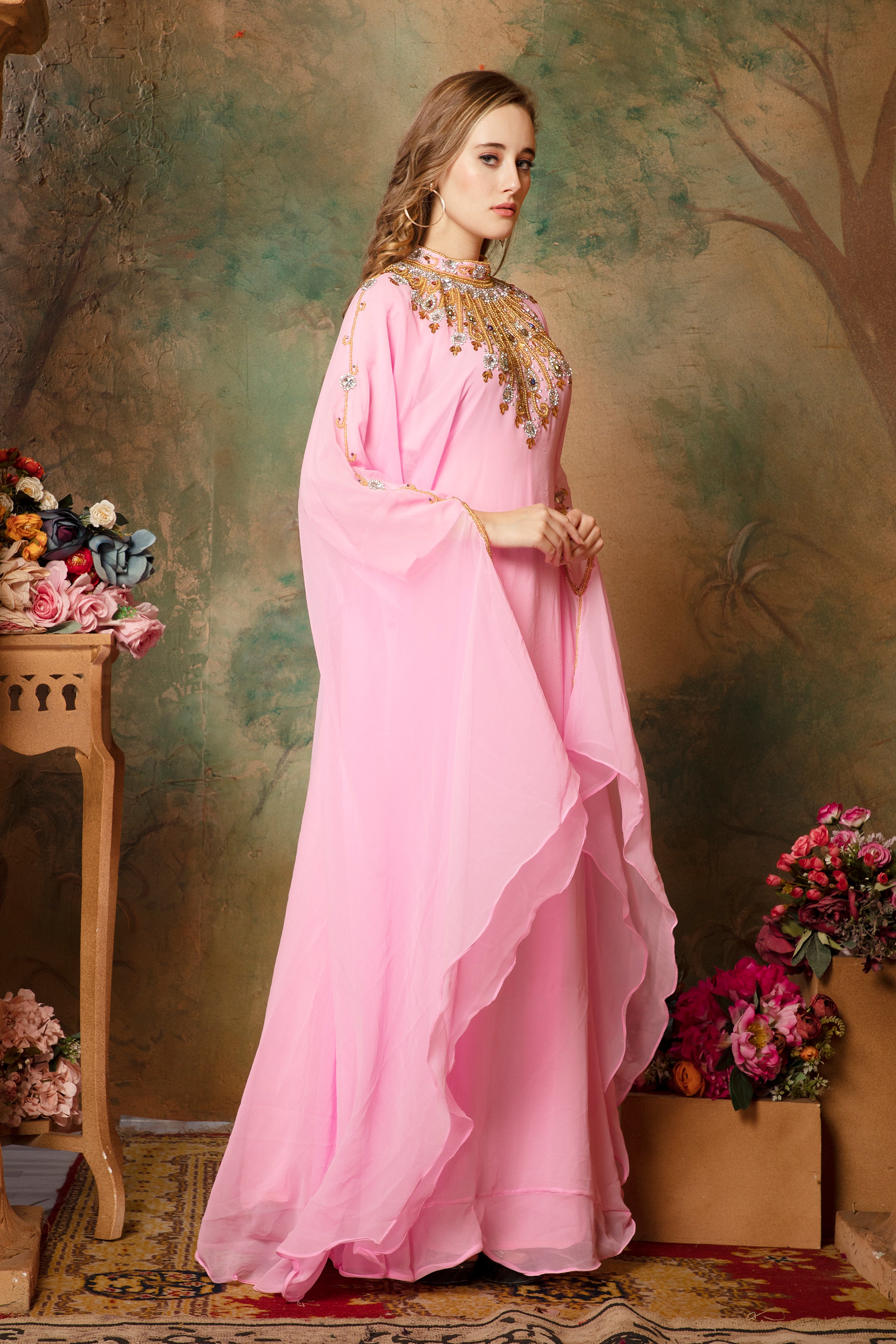 Side of Ayah Pink Farasha Kaftan With Hand Embroidery