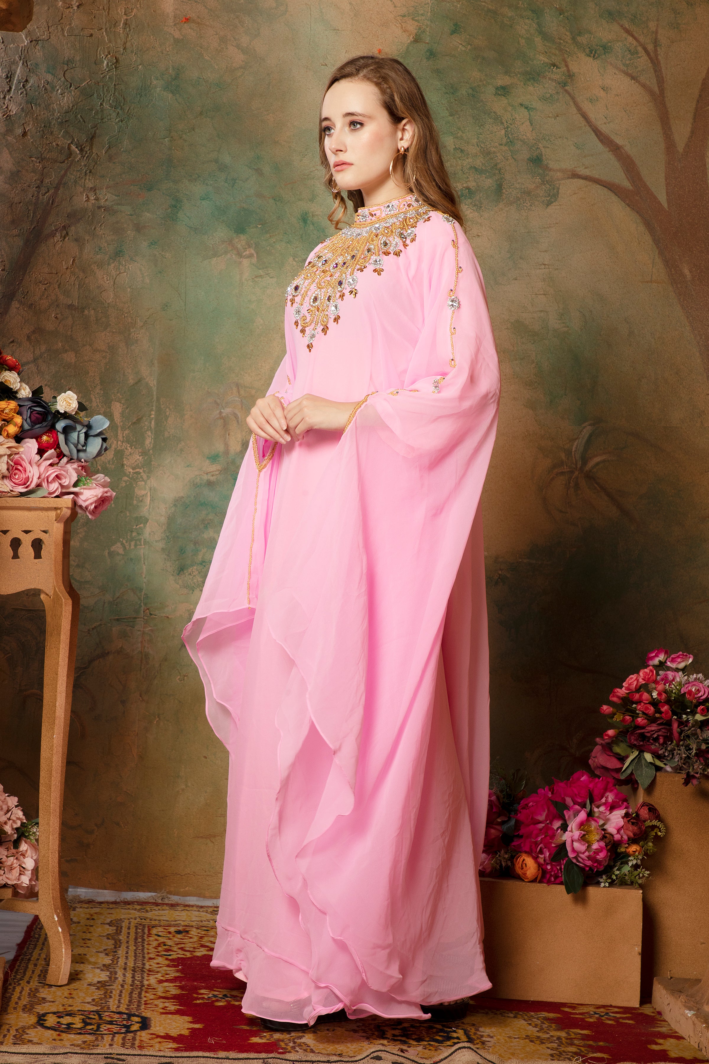 Side of Ayah Pink Farasha Kaftan With Hand Embroidery