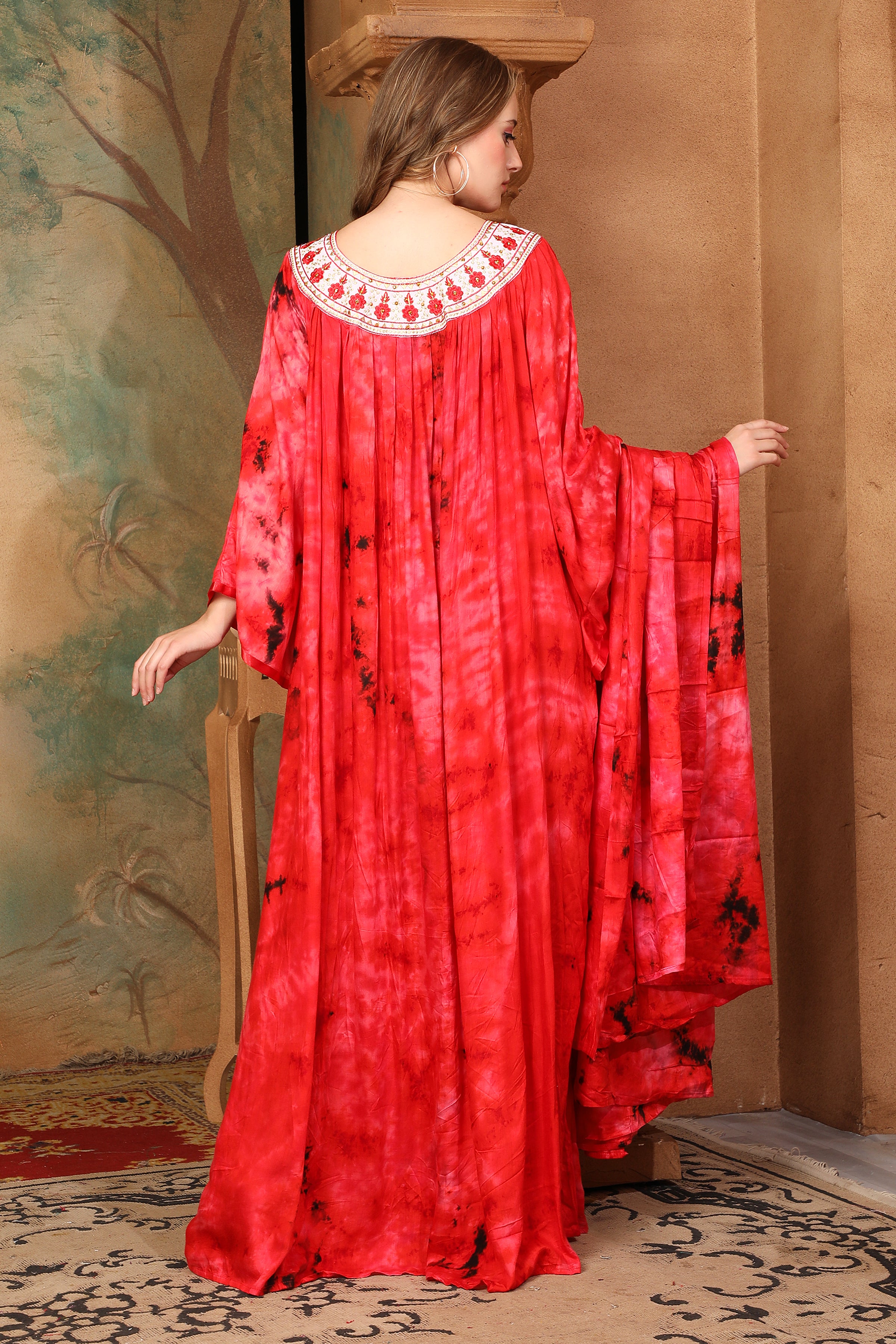 Back of Ayna Red Cotton Kaftan With Thread Work