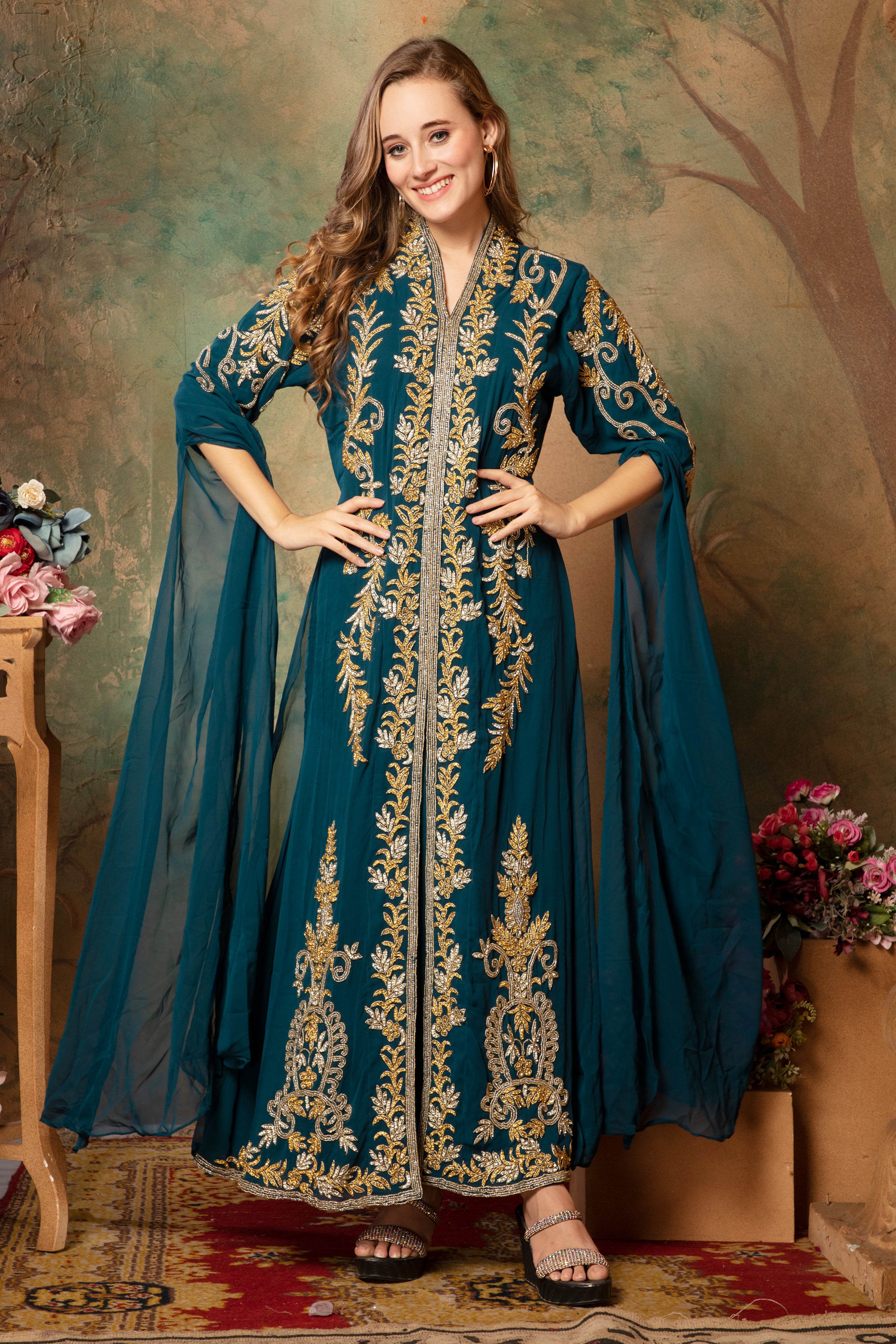Front of Clara Green Moroccan Caftan With Hand Embroidery