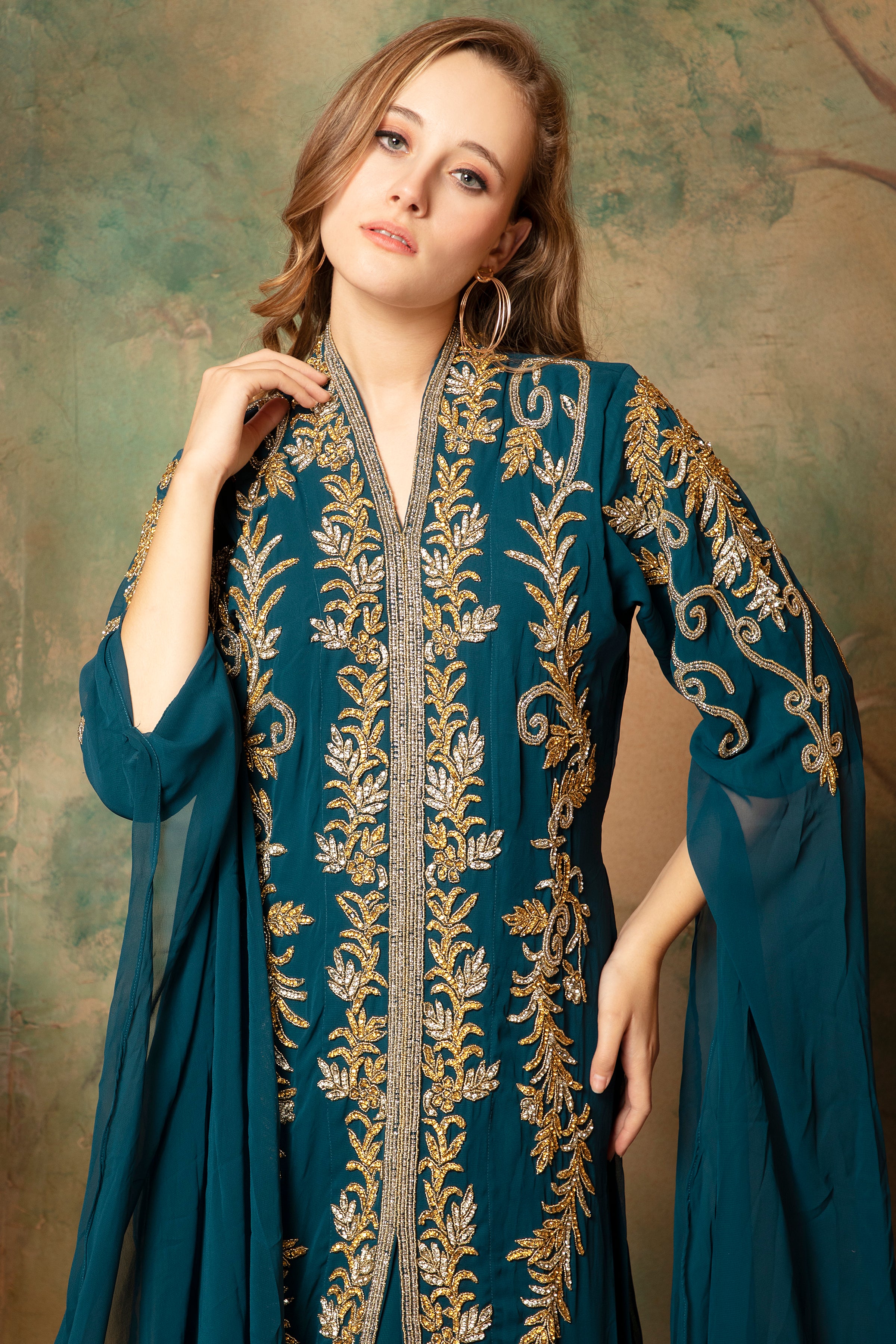 Closeup of Clara Green Moroccan Caftan With Hand Embroidery