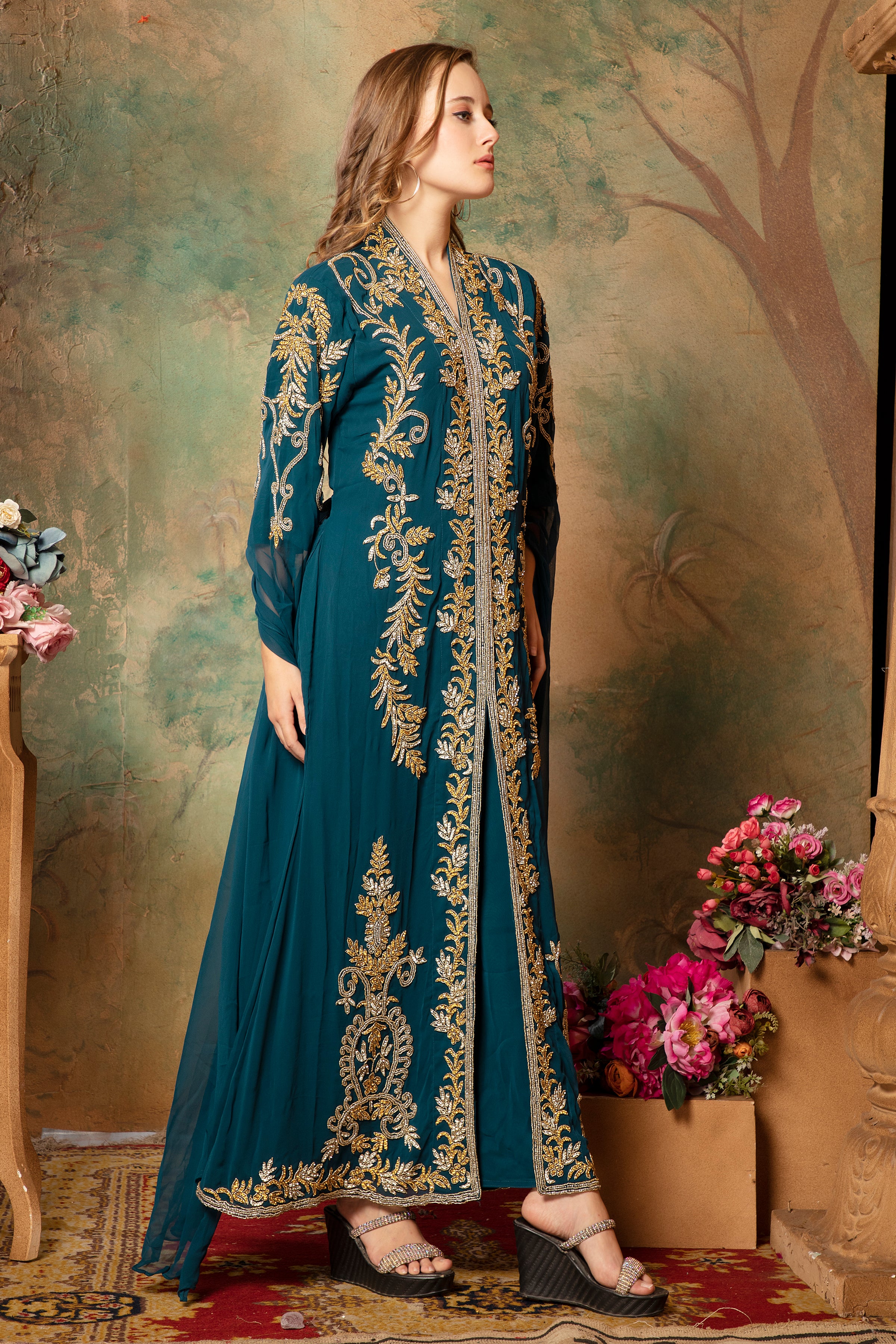 Side of Clara Green Moroccan Caftan With Hand Embroidery