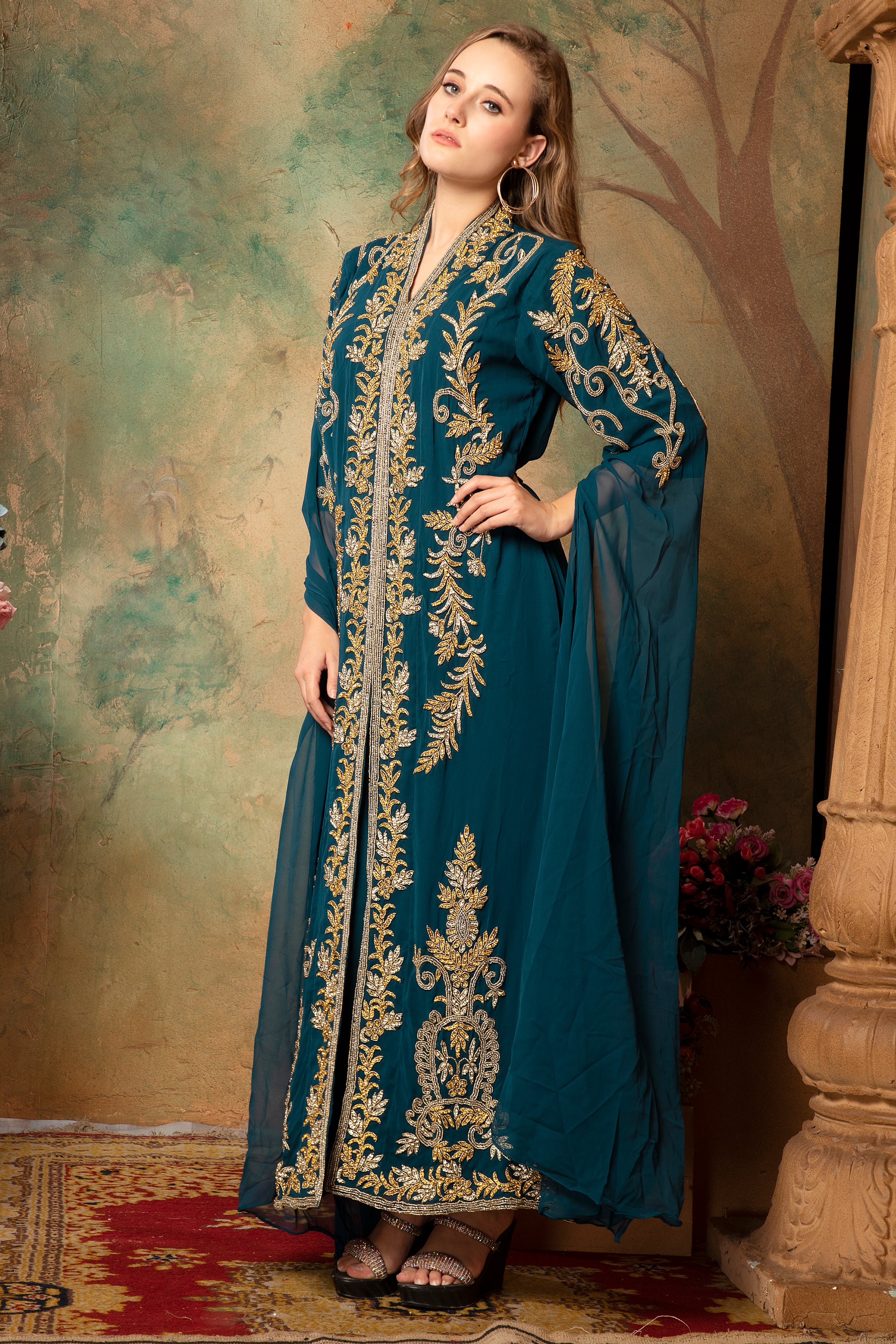 Clara Green Moroccan Caftan With Hand Embroidery