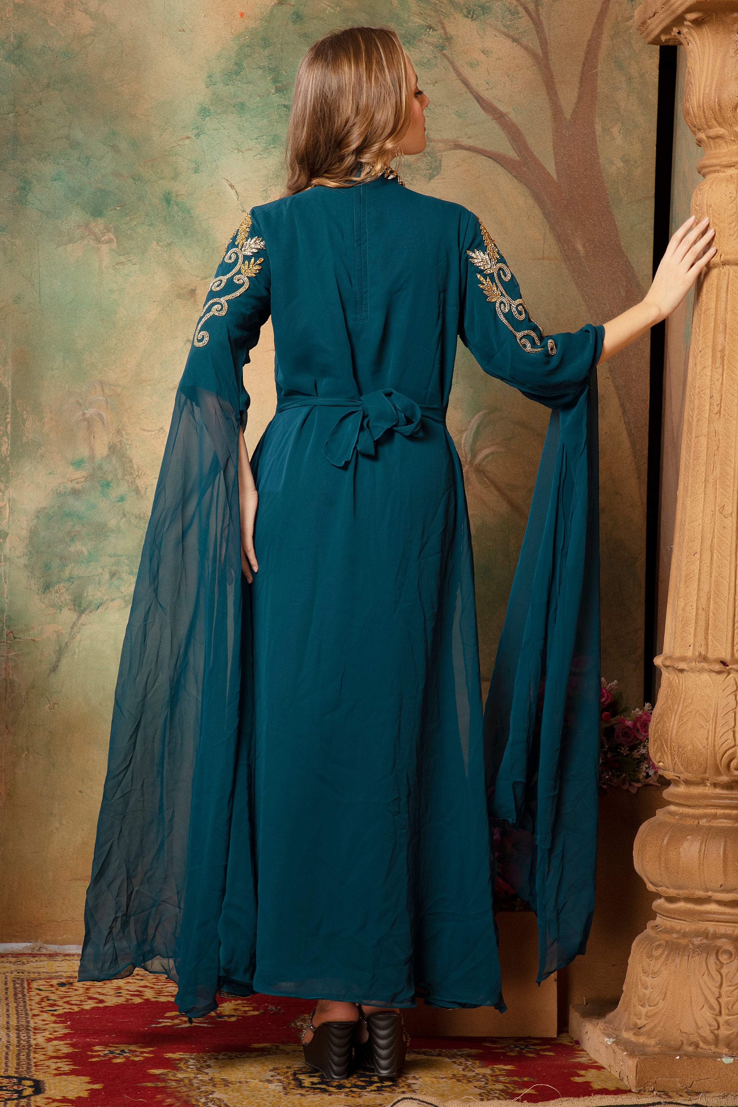 Back of Clara Green Moroccan Caftan With Hand Embroidery