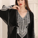 Closeup of Daur Black Moroccan Caftan with Hand Silver Embroidery 