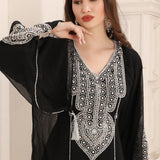 Closeup of Daur Black Moroccan Caftan with Hand Silver Embroidery 