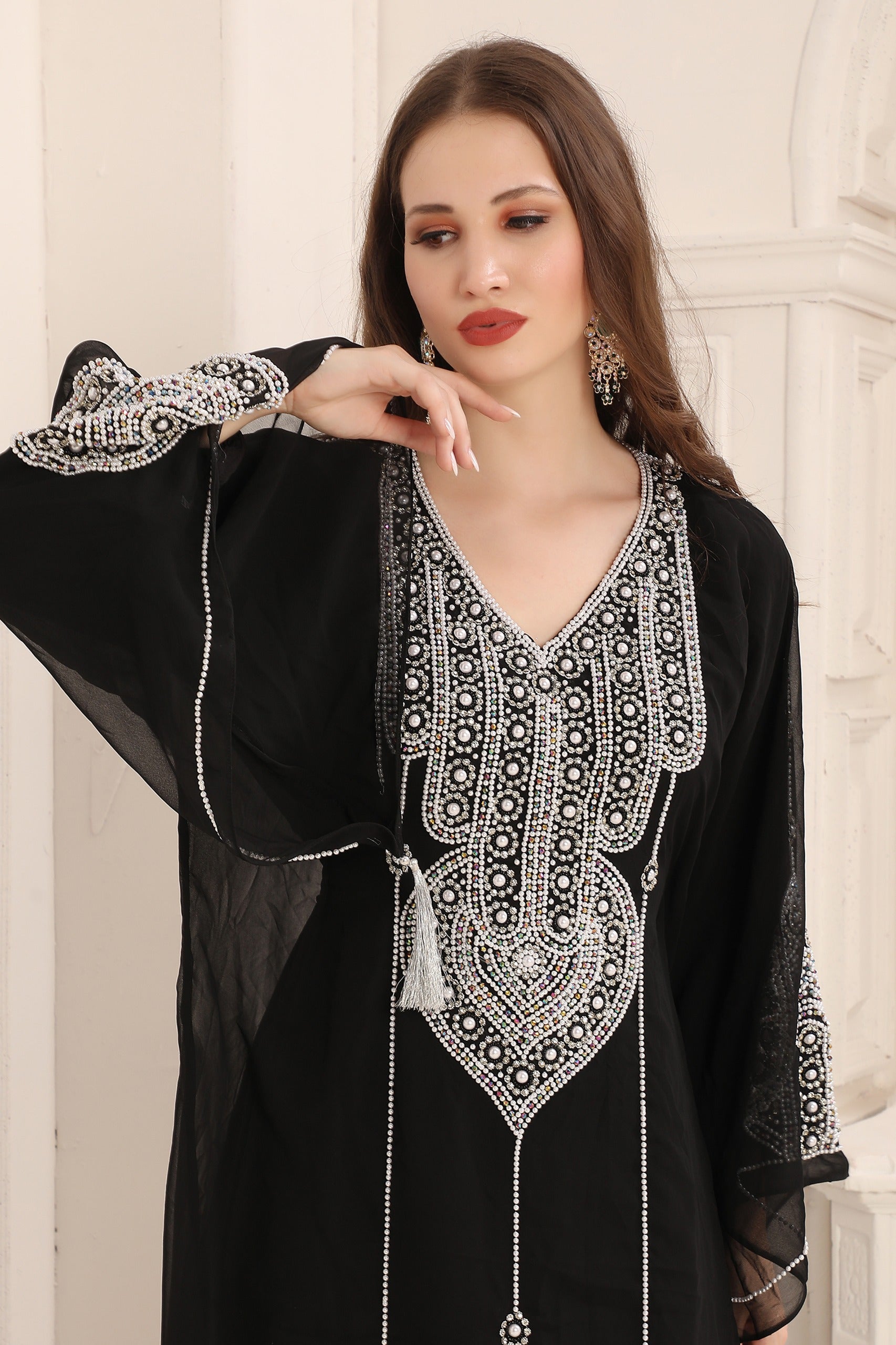 Closeup of Daur Black Moroccan Caftan with Hand Silver Embroidery 