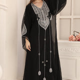 Women Wearing Daur Black Moroccan Caftan with Hand Silver Embroidery 