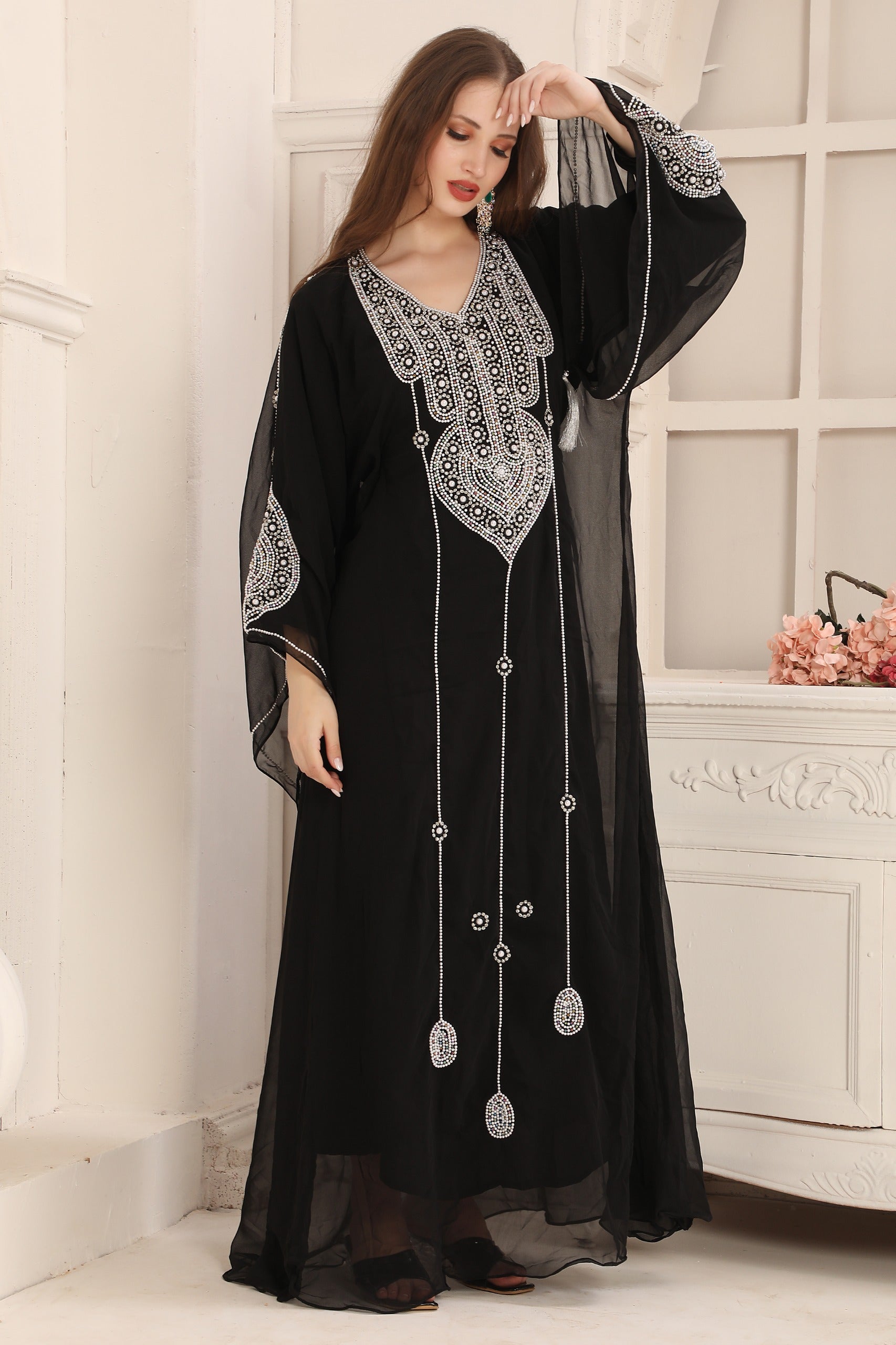 Women Wearing Daur Black Moroccan Caftan with Hand Silver Embroidery 
