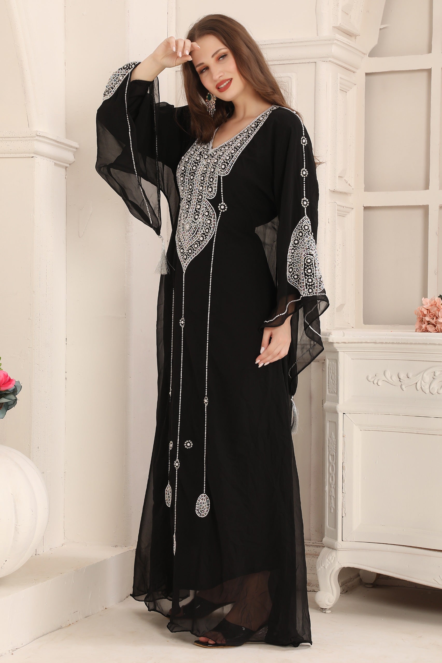 Daur Black Moroccan Caftan with Hand Silver Embroidery 