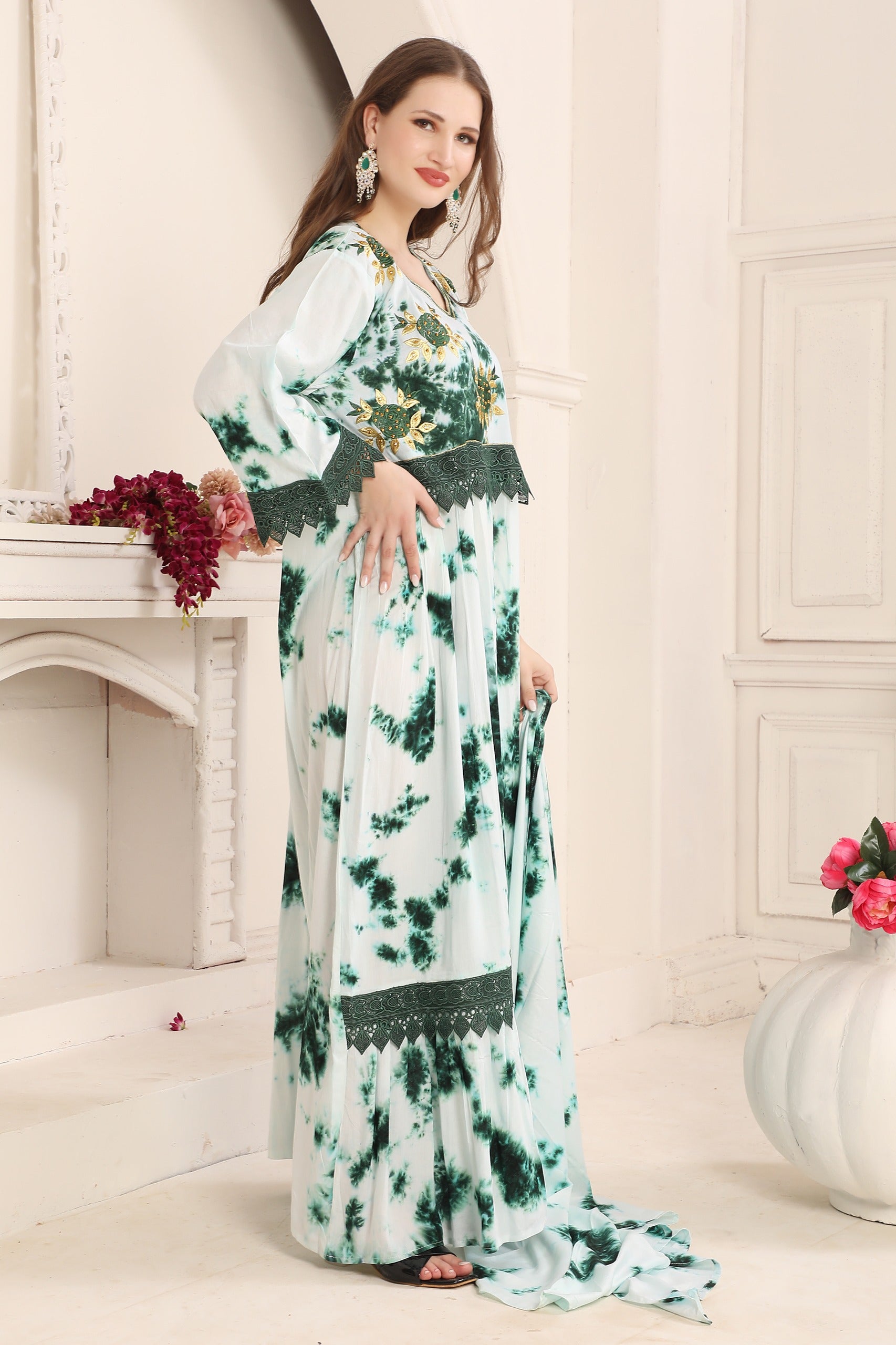 Side of Dua Green Cotton Printed Kaftan with Lace Work 