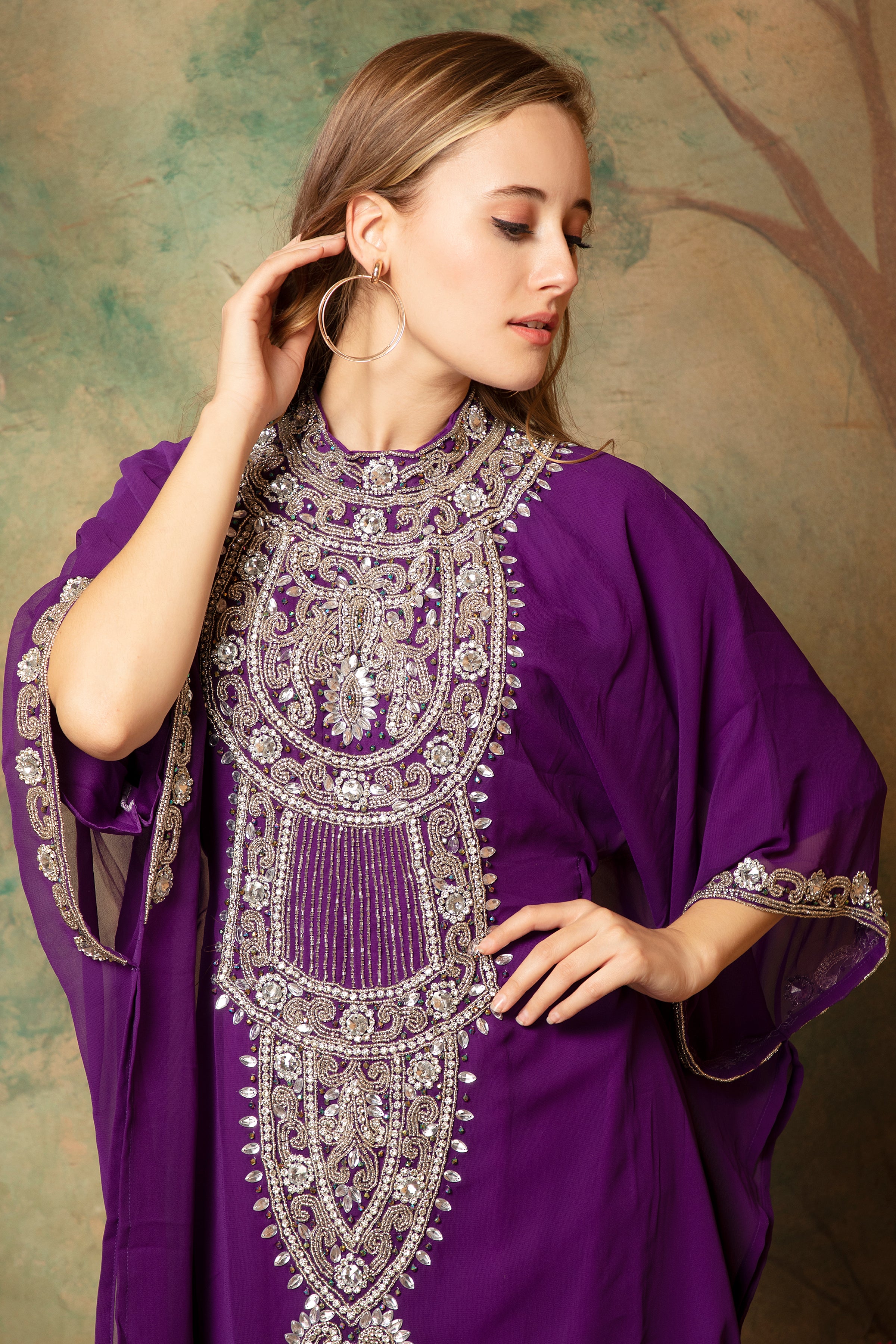 Closeup of Faiza Purple Farasha Kaftan With Hand Embroidery