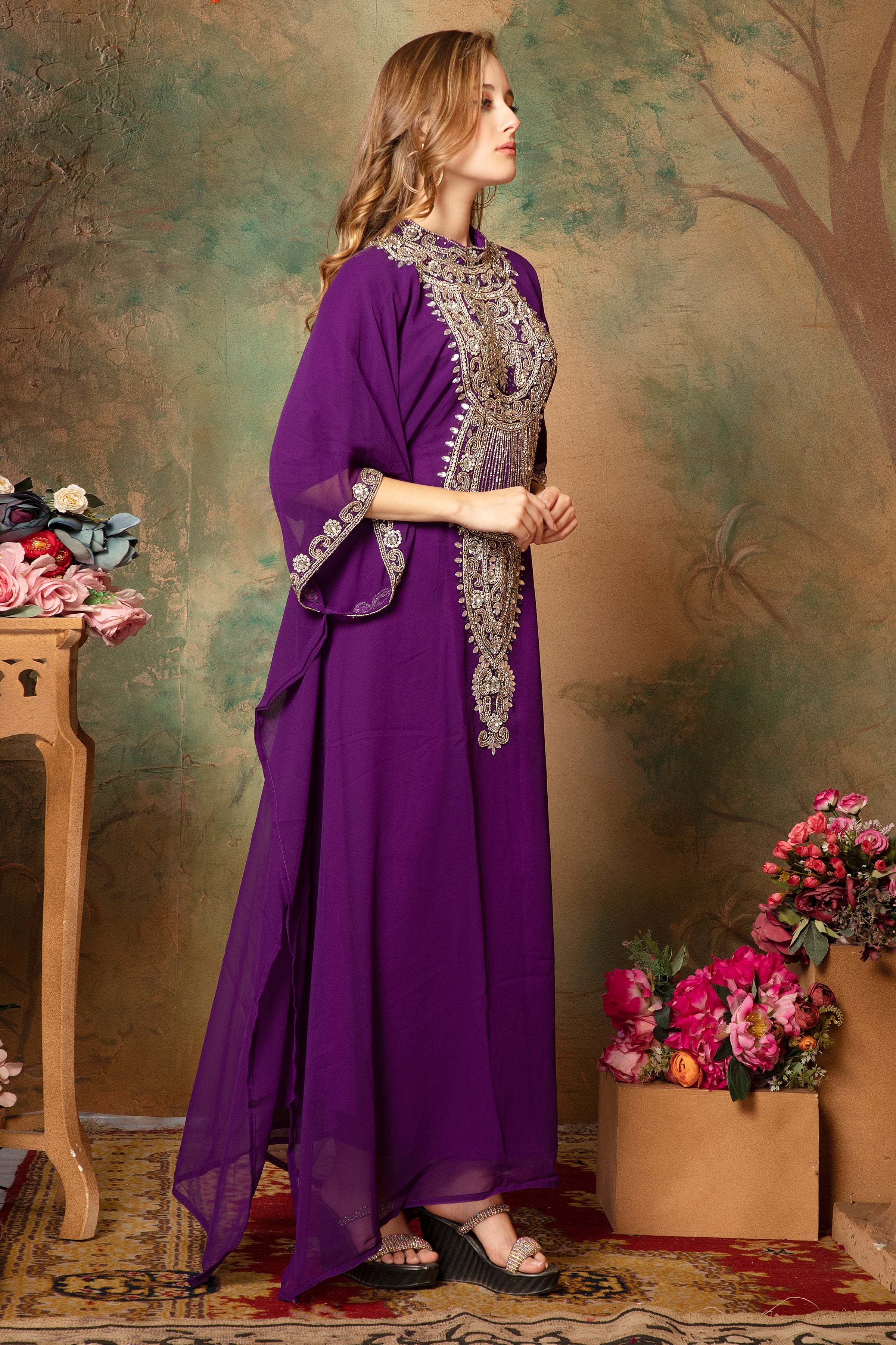 Side of Faiza Purple Farasha Kaftan With Hand Embroidery