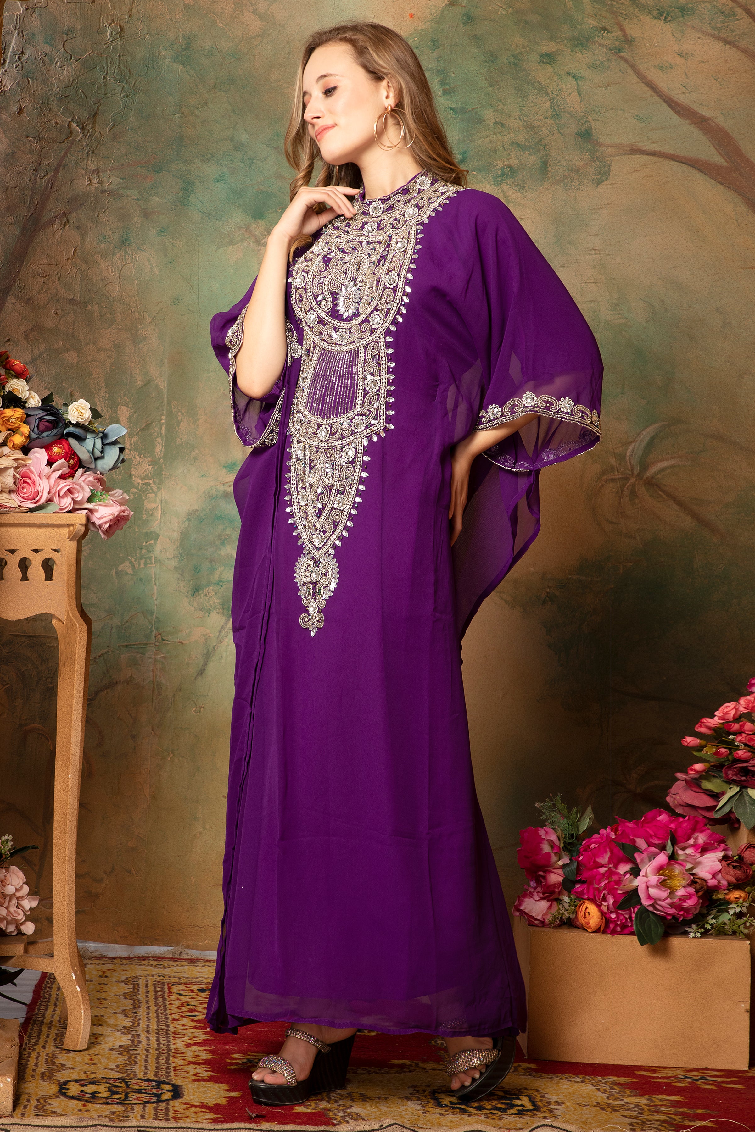 Faiza Purple Farasha Kaftan With Hand Embroidery