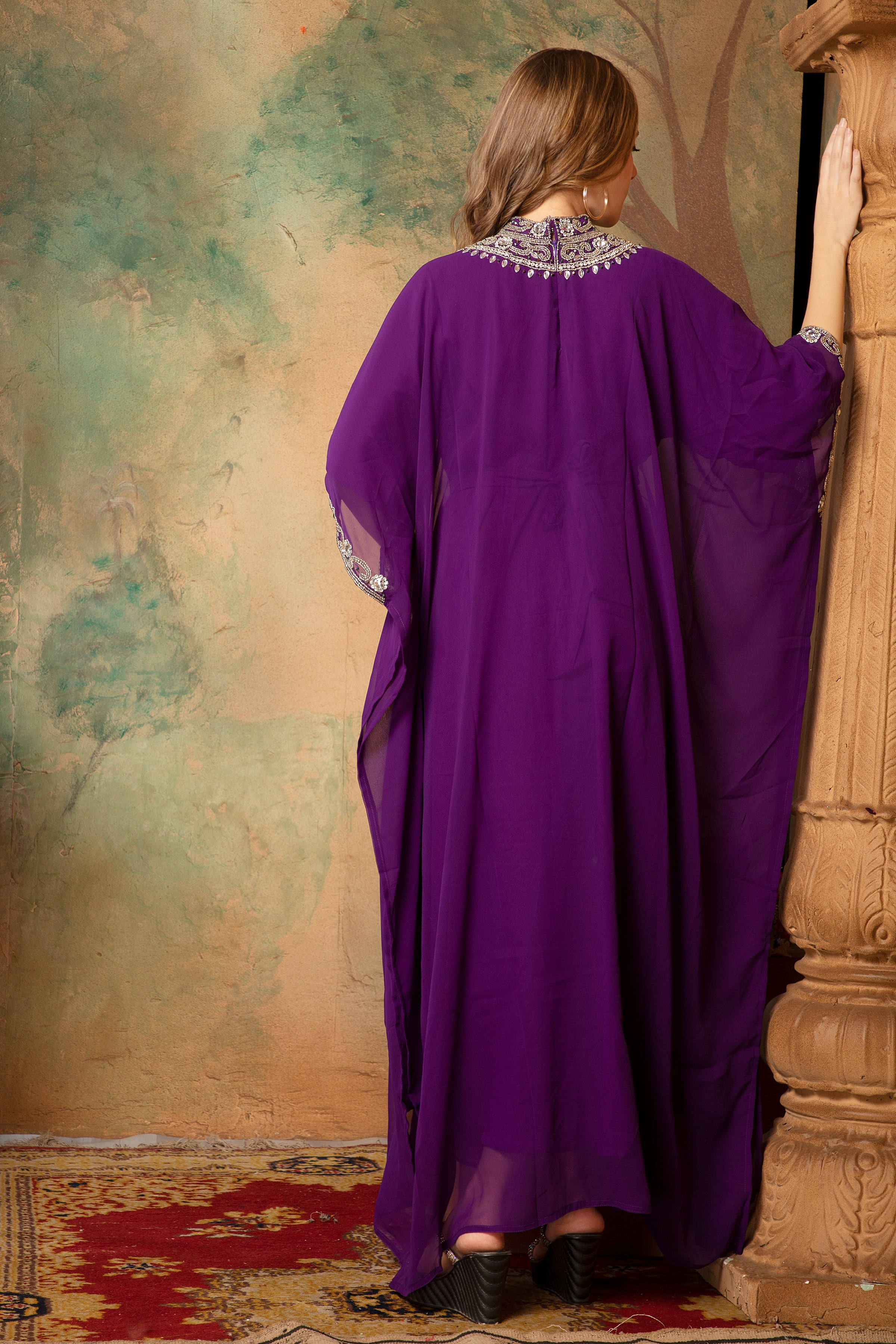 Back of Faiza Purple Farasha Kaftan With Hand Embroidery