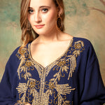 Closeup of Farah Navy Blue Moroccan Caftan With Hand Embroidery