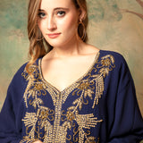 Closeup of Farah Navy Blue Moroccan Caftan With Hand Embroidery