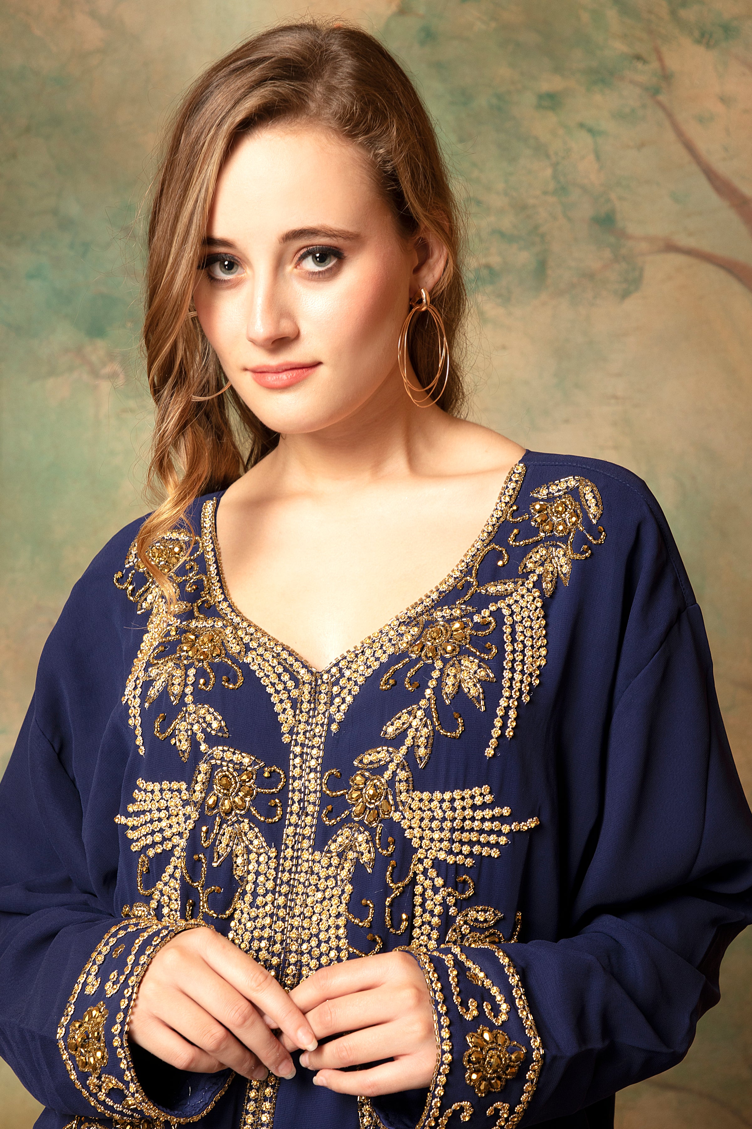 Closeup of Farah Navy Blue Moroccan Caftan With Hand Embroidery
