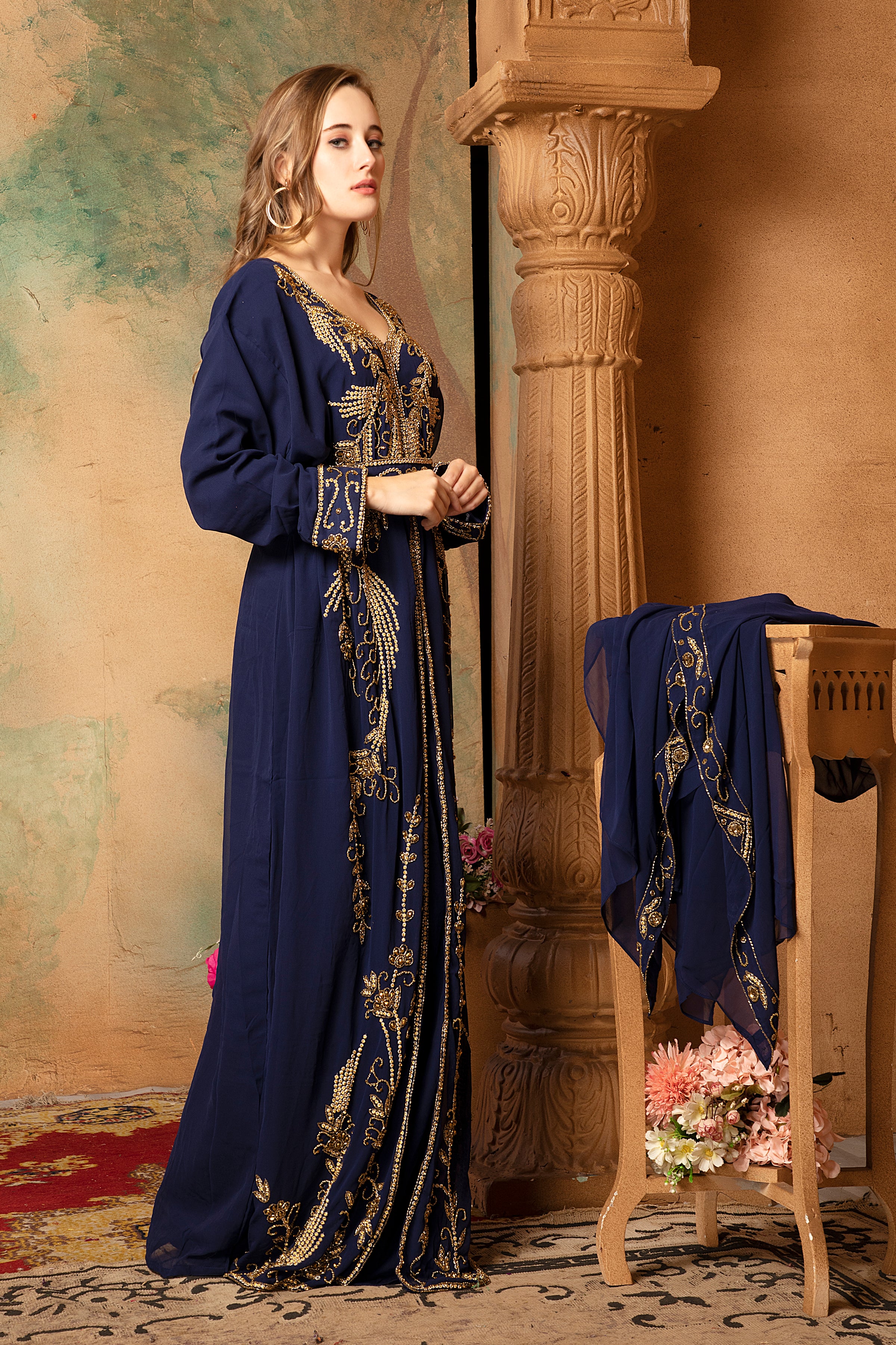 Side of Farah Navy Blue Moroccan Caftan With Hand Embroidery
