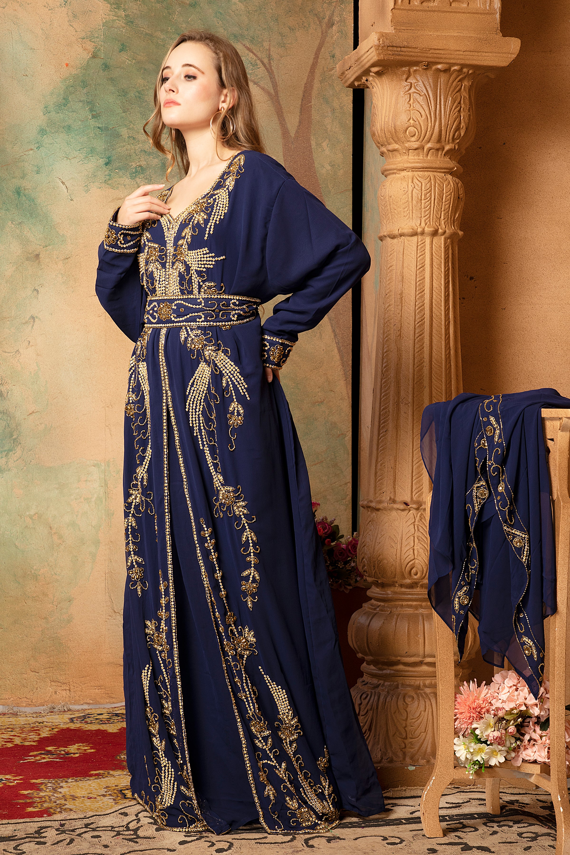 Farah Navy Blue Moroccan Caftan With Hand Embroidery