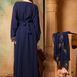 Back of Farah Navy Blue Moroccan Caftan With Hand Embroidery