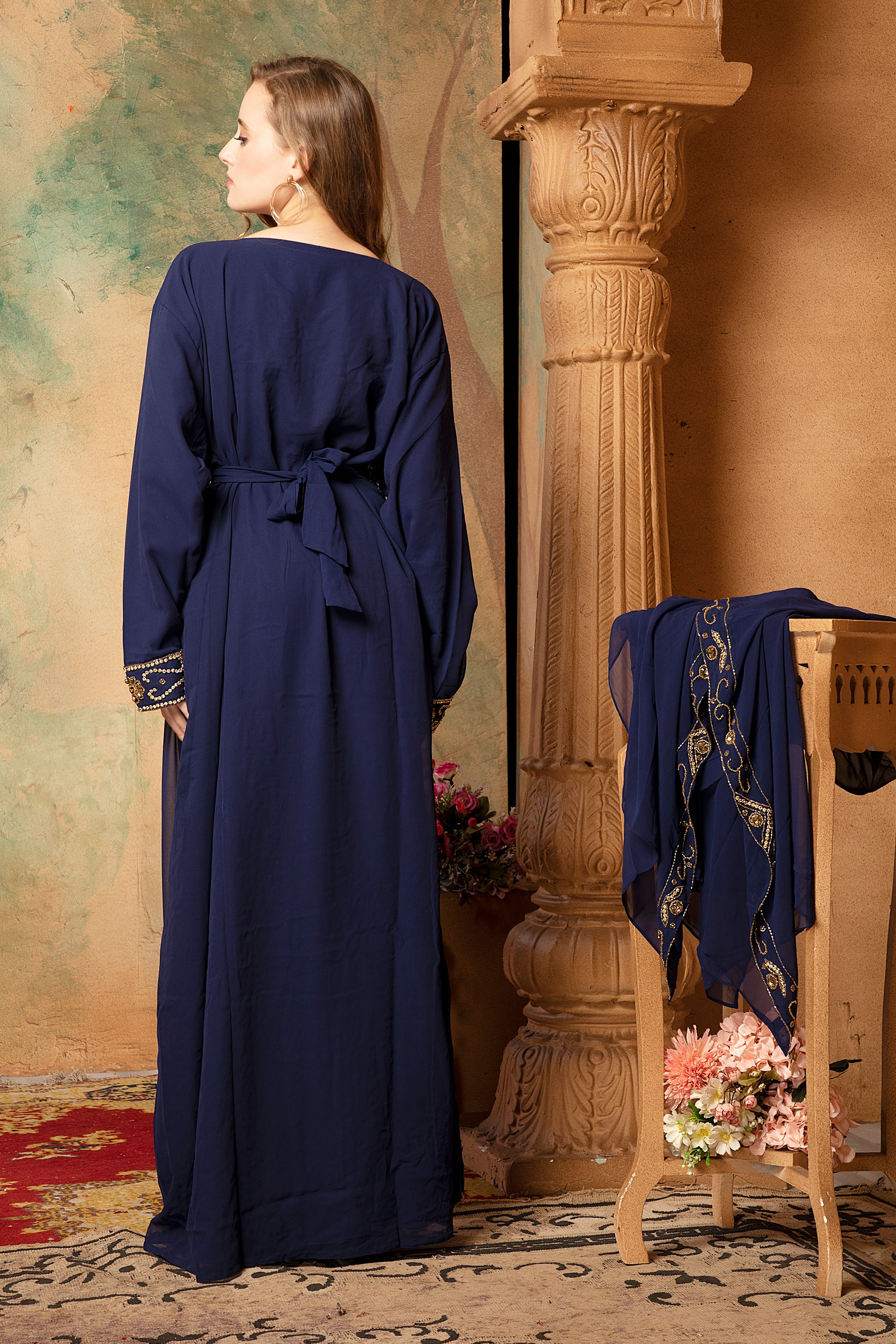 Back of Farah Navy Blue Moroccan Caftan With Hand Embroidery