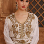 Closeup of Farida White Moroccan Caftan With Hand Embroidery