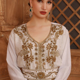 Closeup of Farida White Moroccan Caftan With Hand Embroidery
