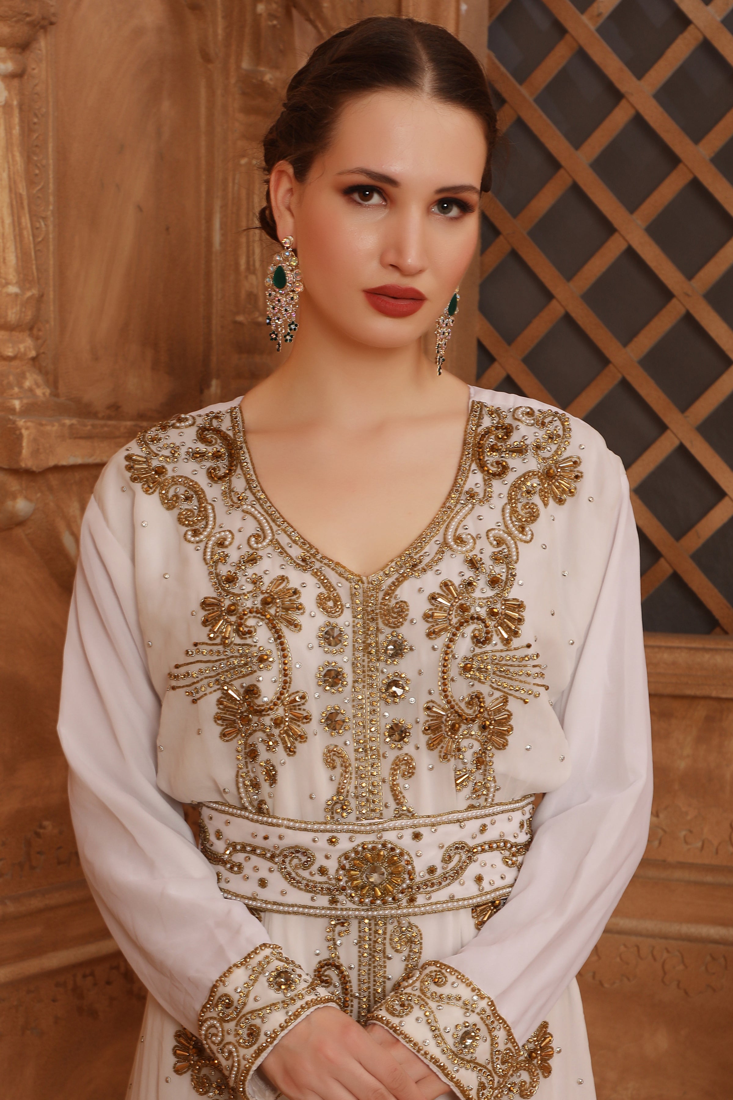Closeup of Farida White Moroccan Caftan With Hand Embroidery