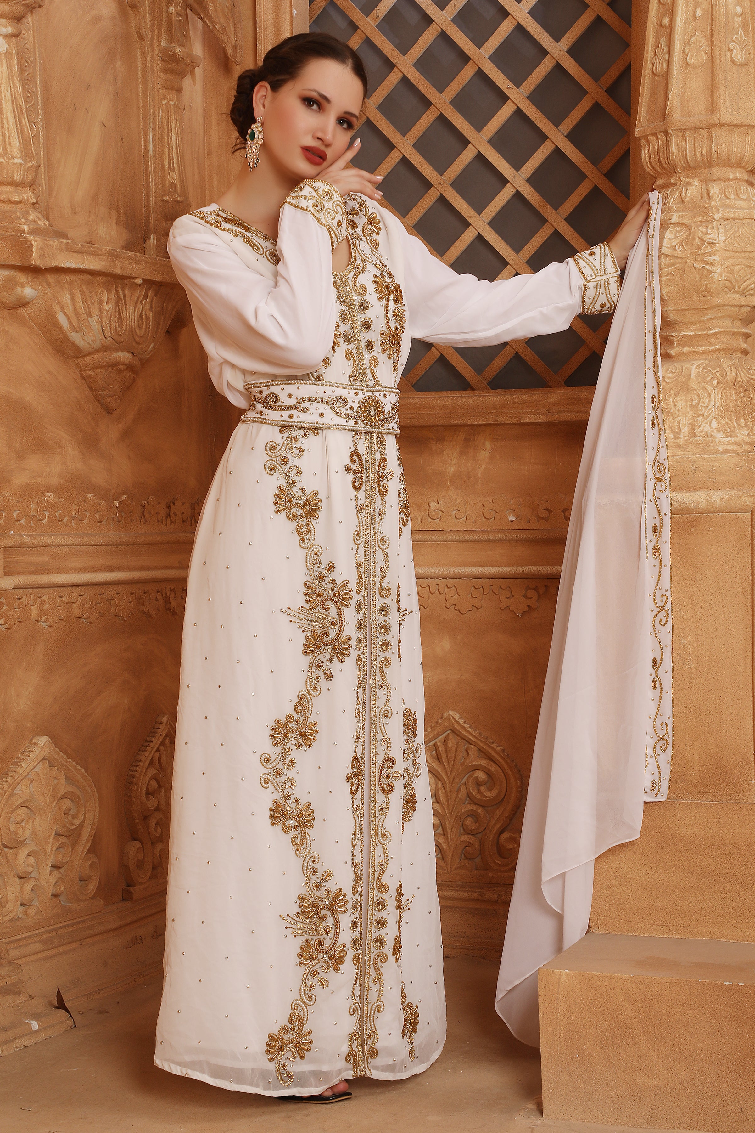 Farida White Moroccan Caftan With Hand Embroidery