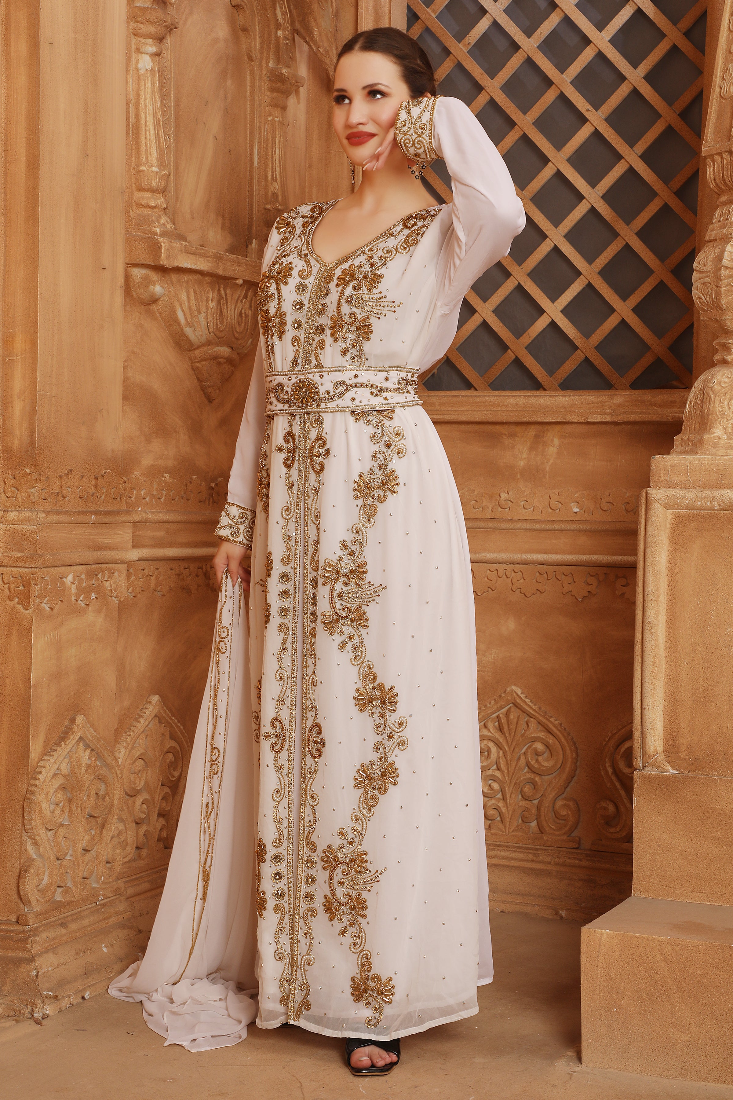 Side of Farida White Moroccan Caftan With Hand Embroidery