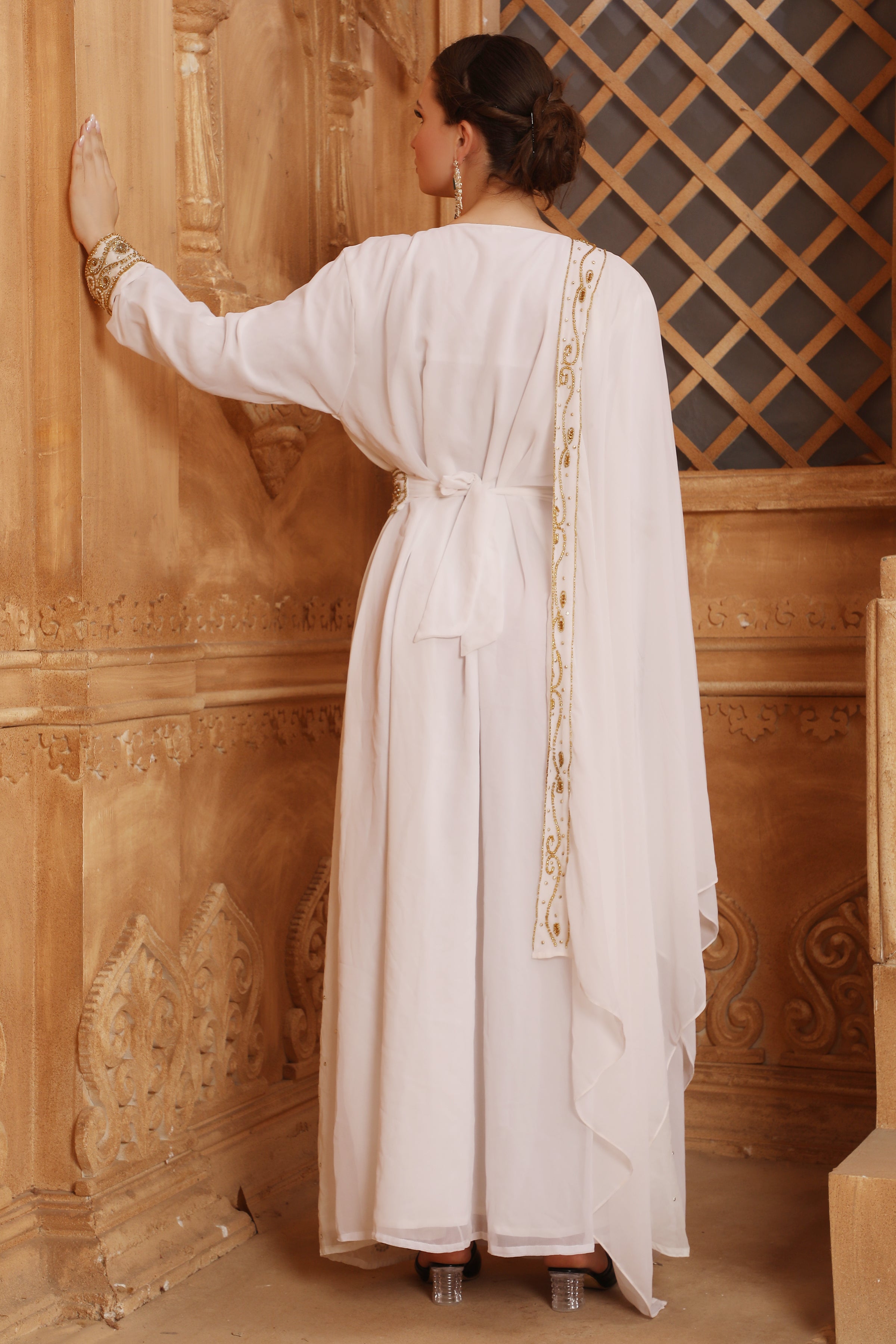 Back of Farida White Moroccan Caftan With Hand Embroidery