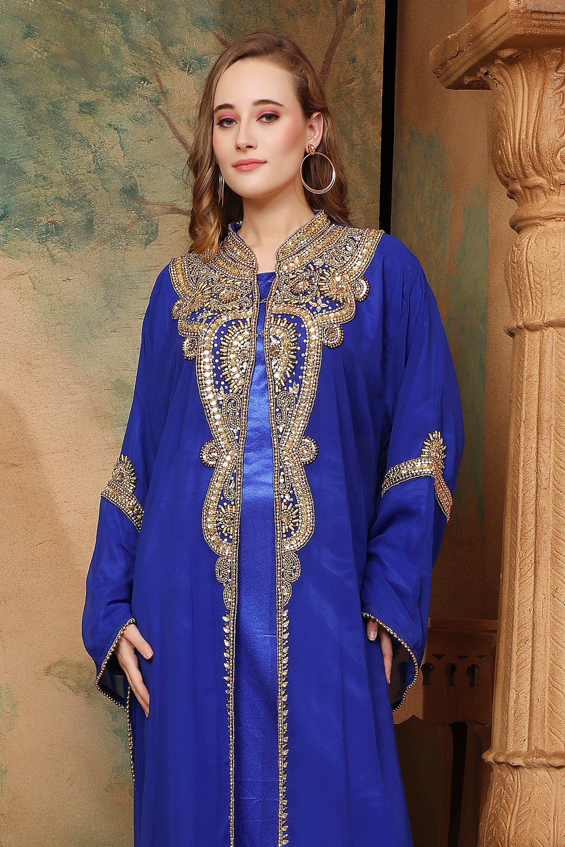 Closeup of Fatima Royal Blue Inner Jacket Caftan With Lace Work