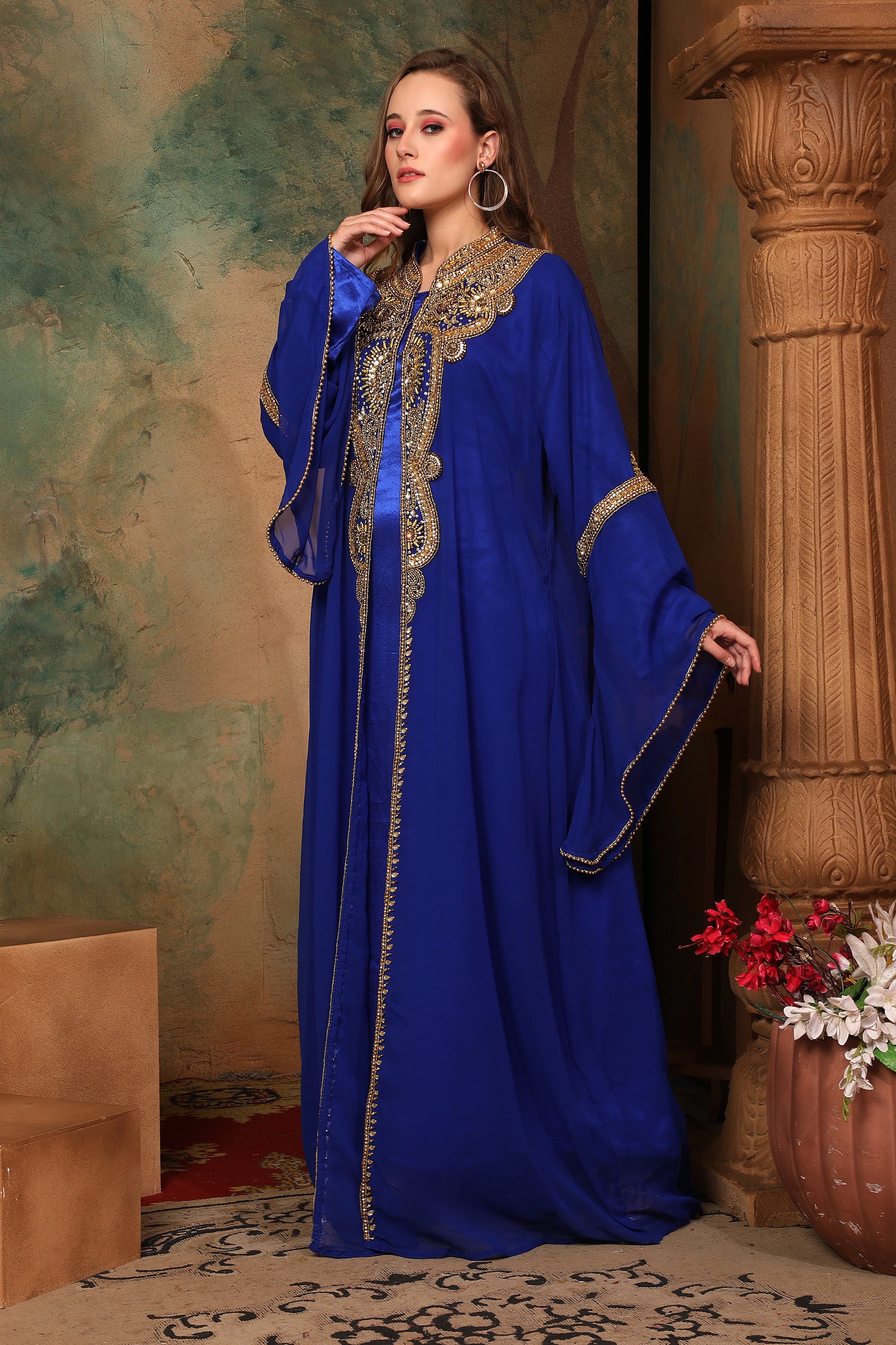 Side of Fatima Royal Blue Inner Jacket Caftan With Lace Work