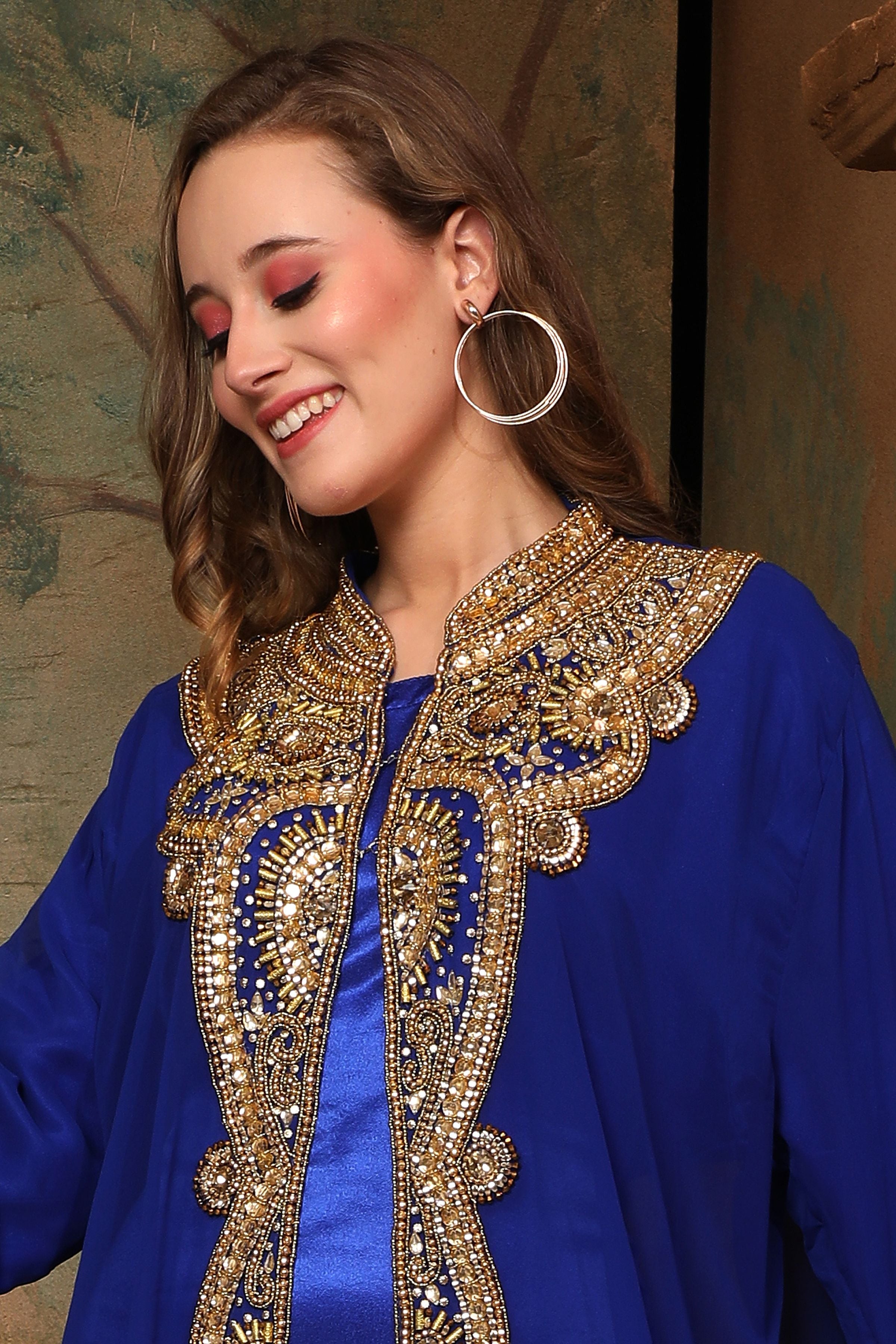 More Closeup of Fatima Royal Blue Inner Jacket Caftan With Lace Work