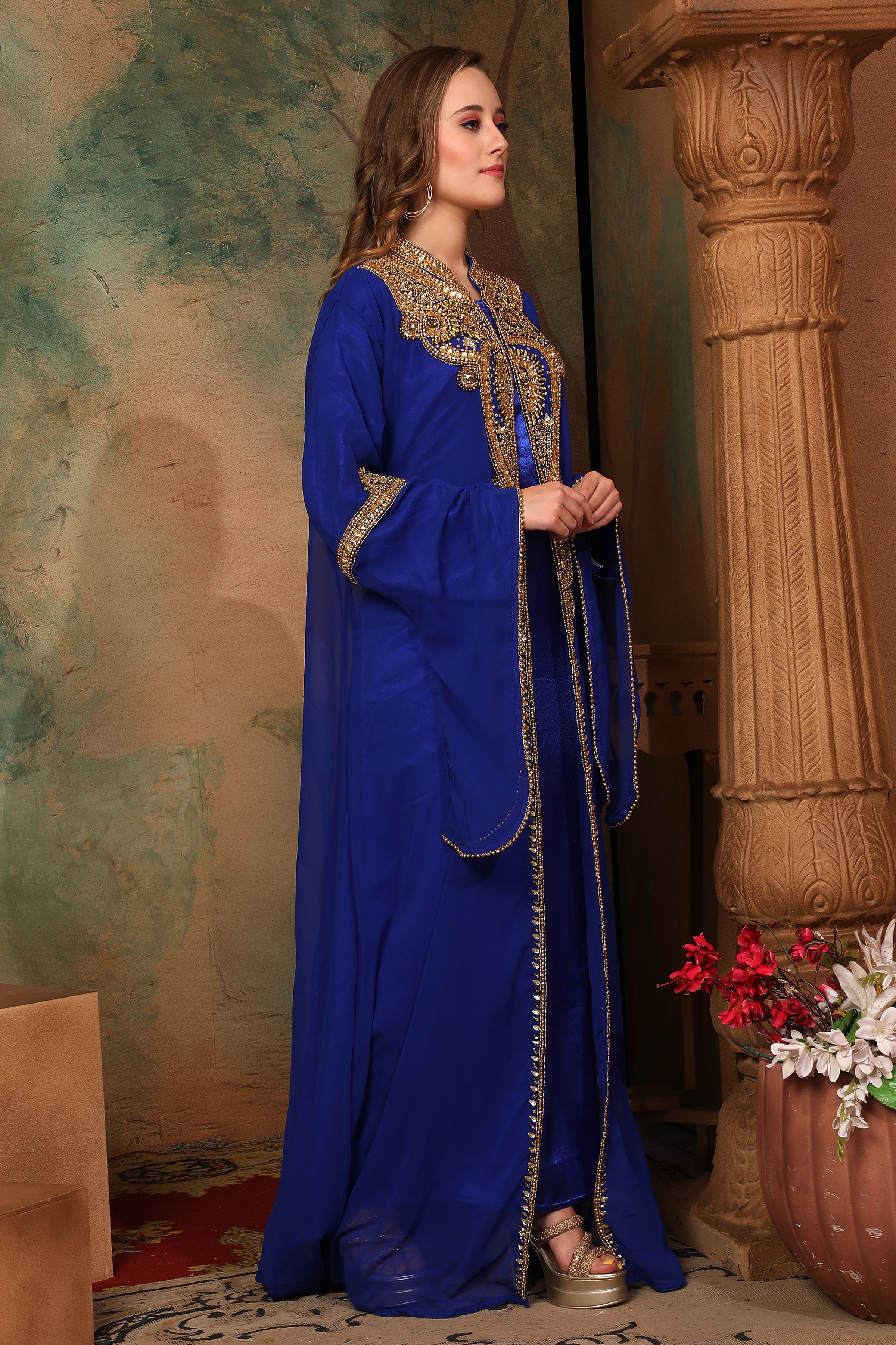Side of Fatima Royal Blue Inner Jacket Caftan With Lace Work