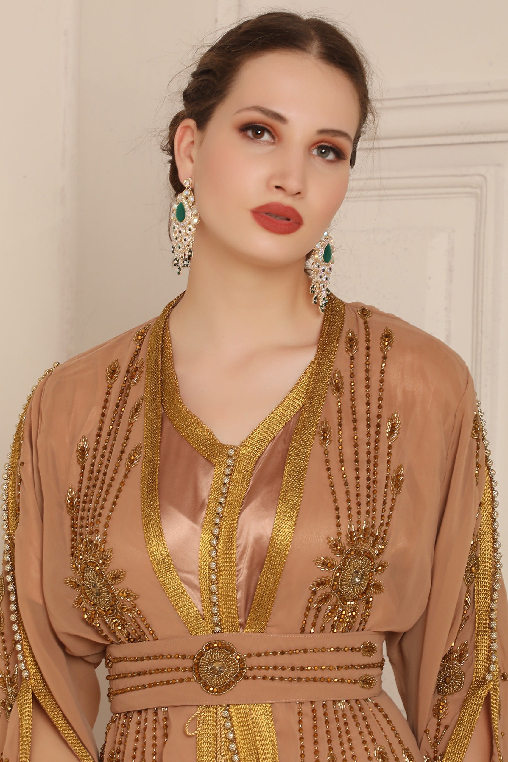 Closeup of Fatin Brown Georgette Moroccan Takchita