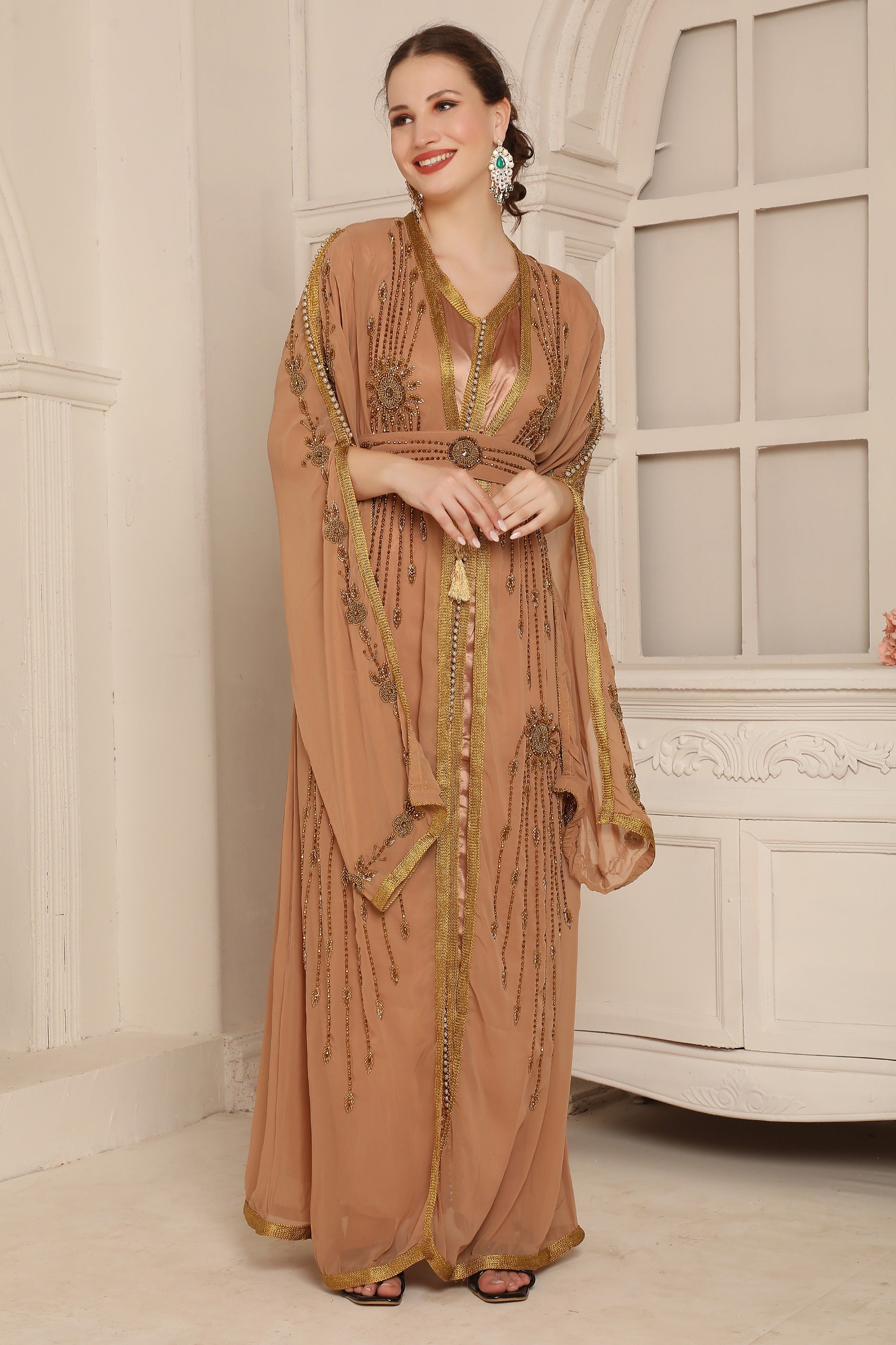 Women wearing Fatin Brown Georgette Moroccan Takchita