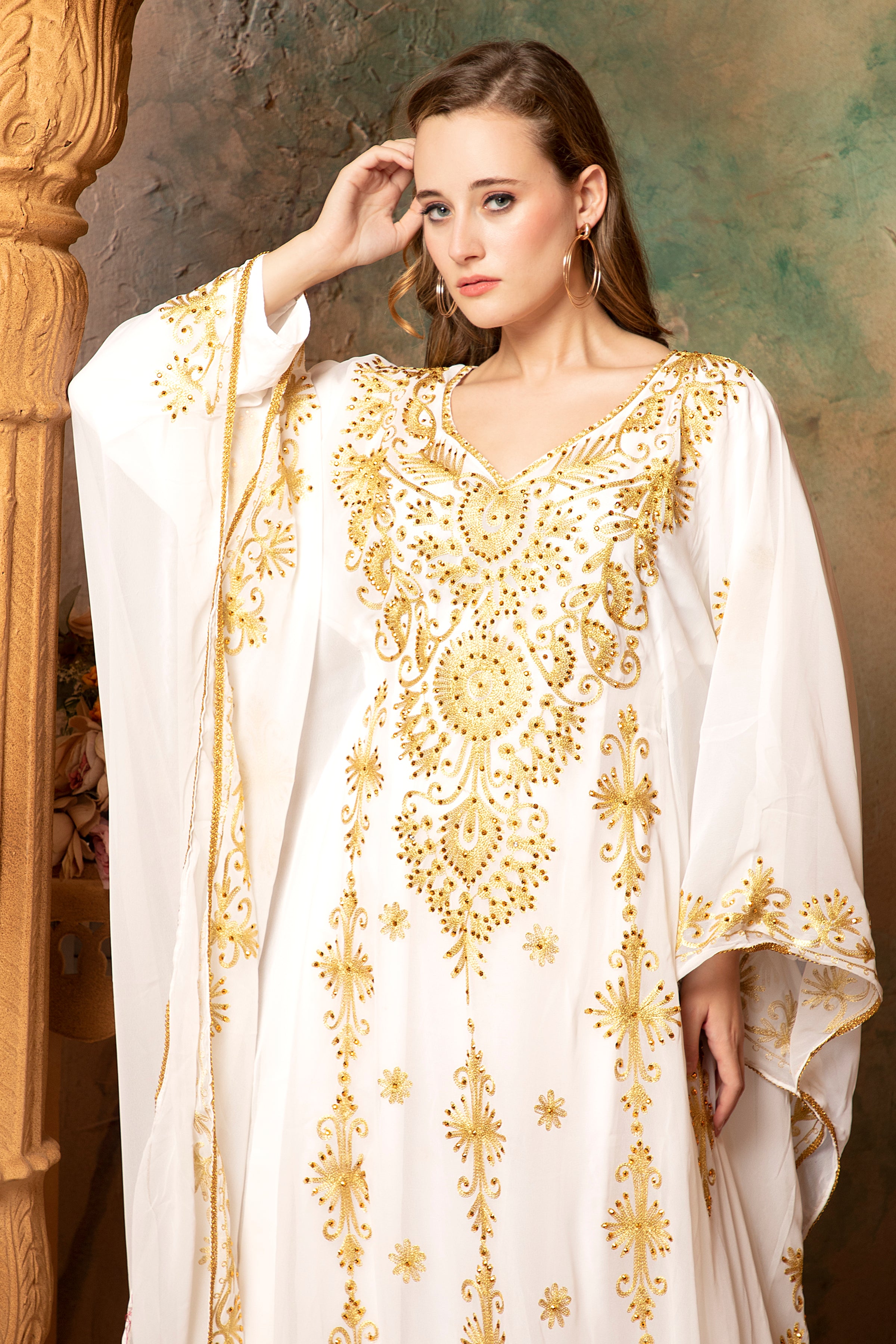 Closeup of Hafsah White Stylish Abaya Dress With Hand Embroidery