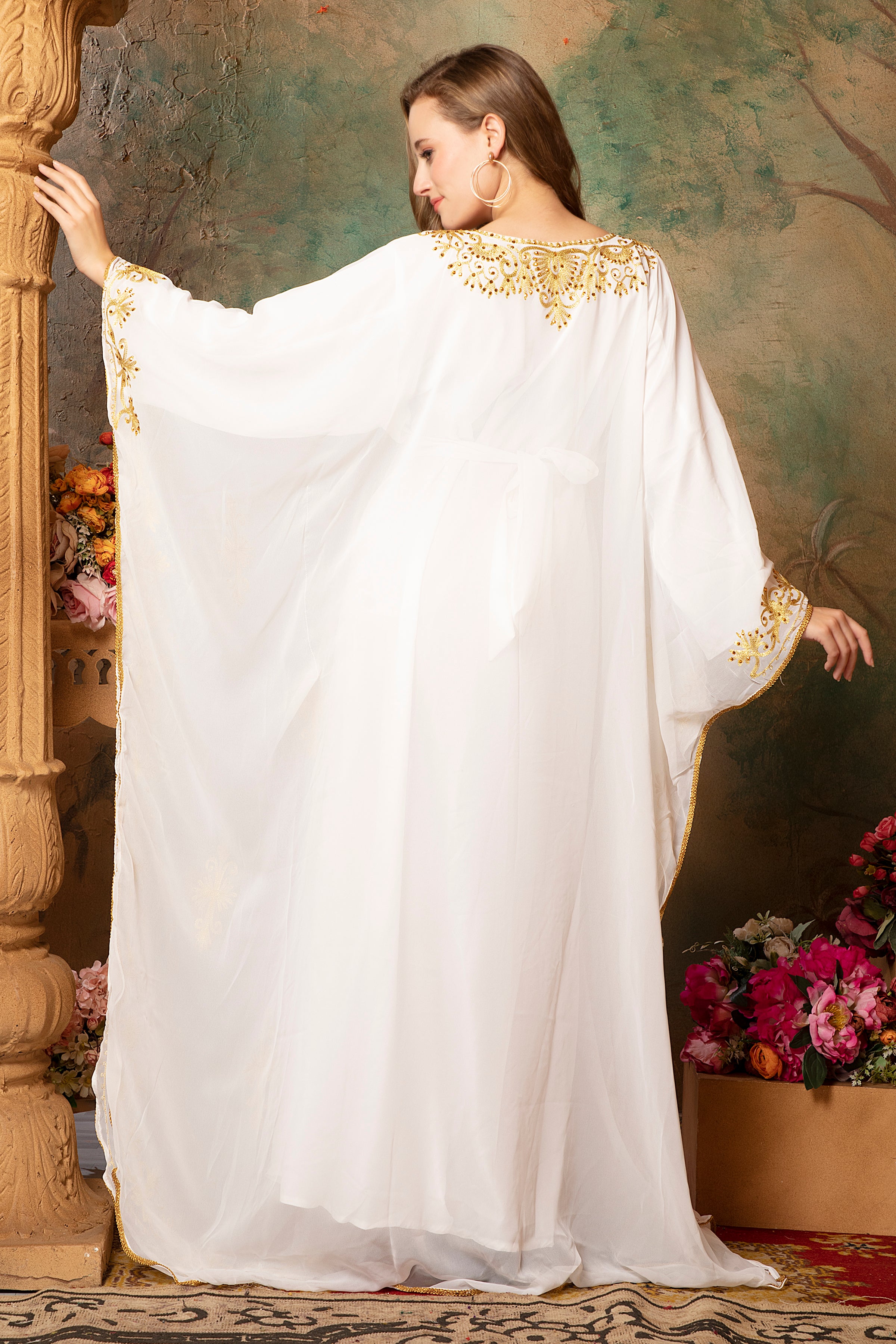 Back of Hafsah White Stylish Abaya Dress With Hand Embroidery