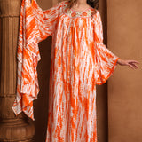 Front of Hala Orange And White Cotton Kaftan With Thread Work