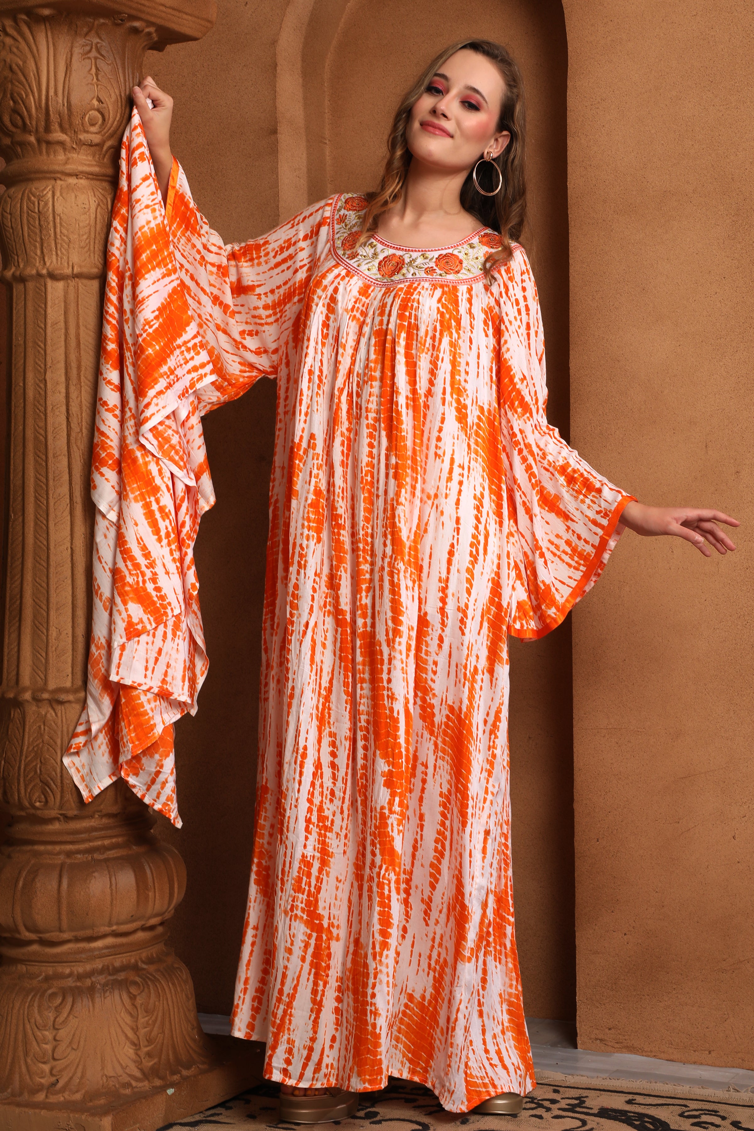 Front of Hala Orange And White Cotton Kaftan With Thread Work