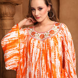 Closeup of Hala Orange And White Cotton Kaftan With Thread Work