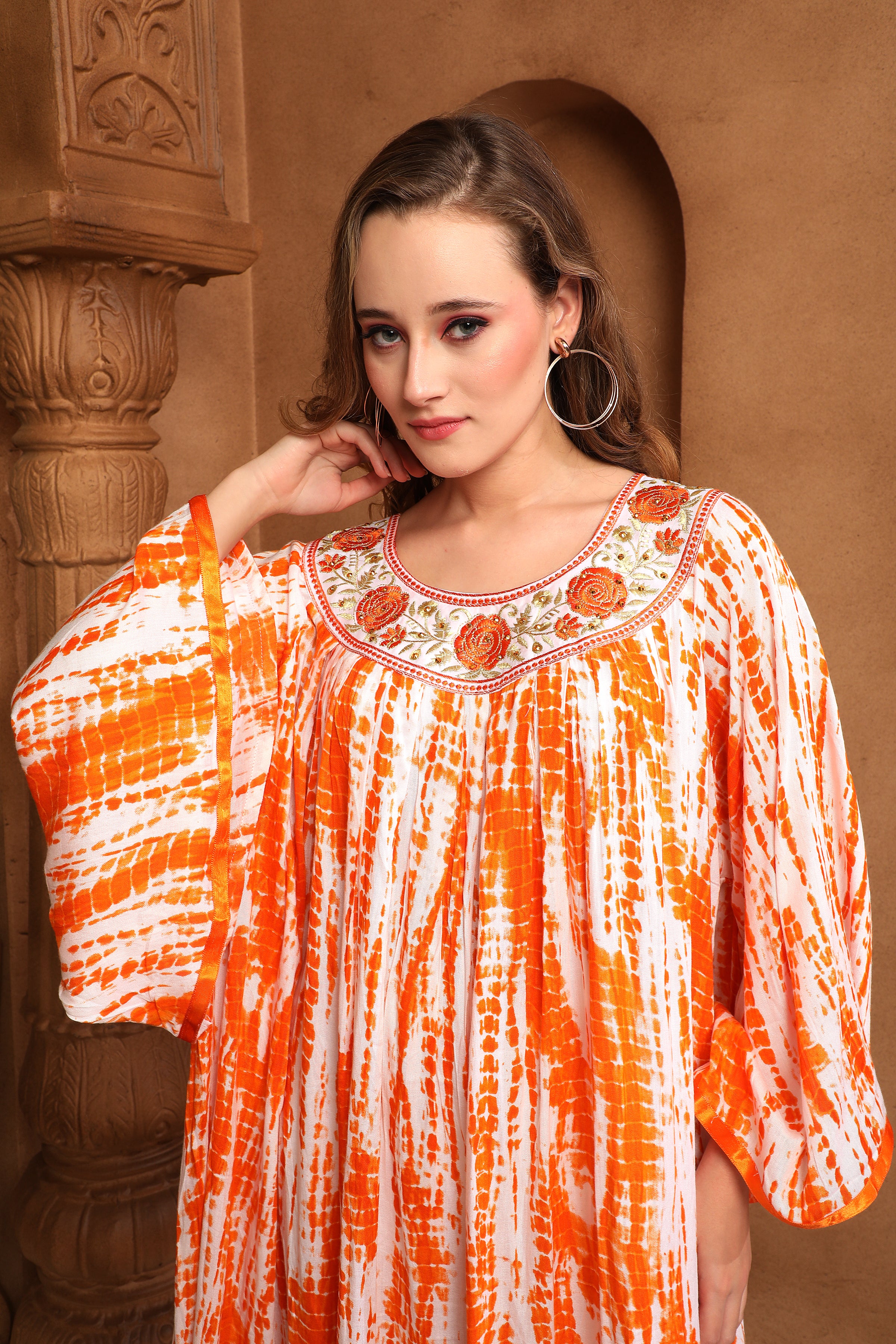 Closeup of Hala Orange And White Cotton Kaftan With Thread Work