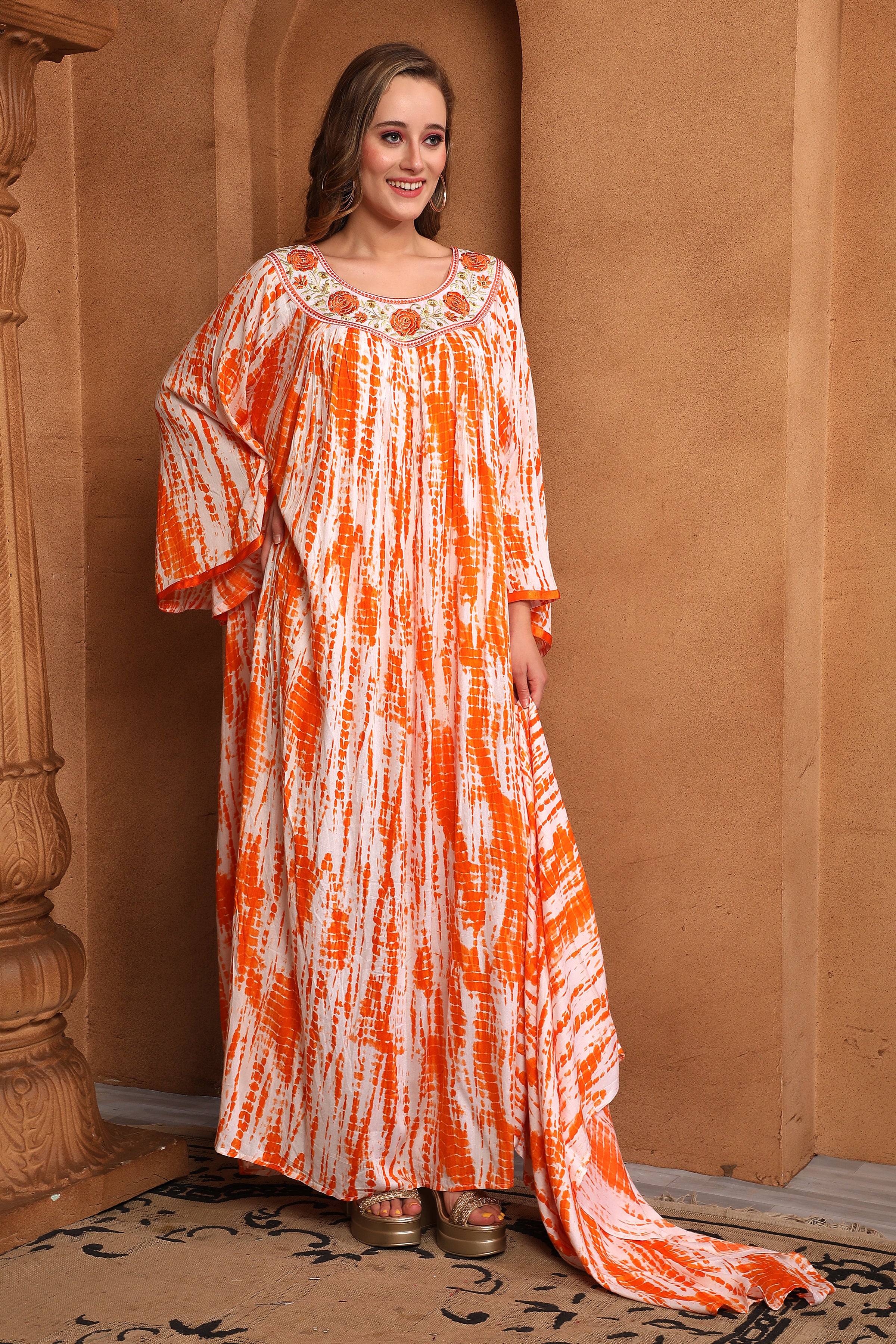 Side of Hala Orange And White Cotton Kaftan With Thread Work