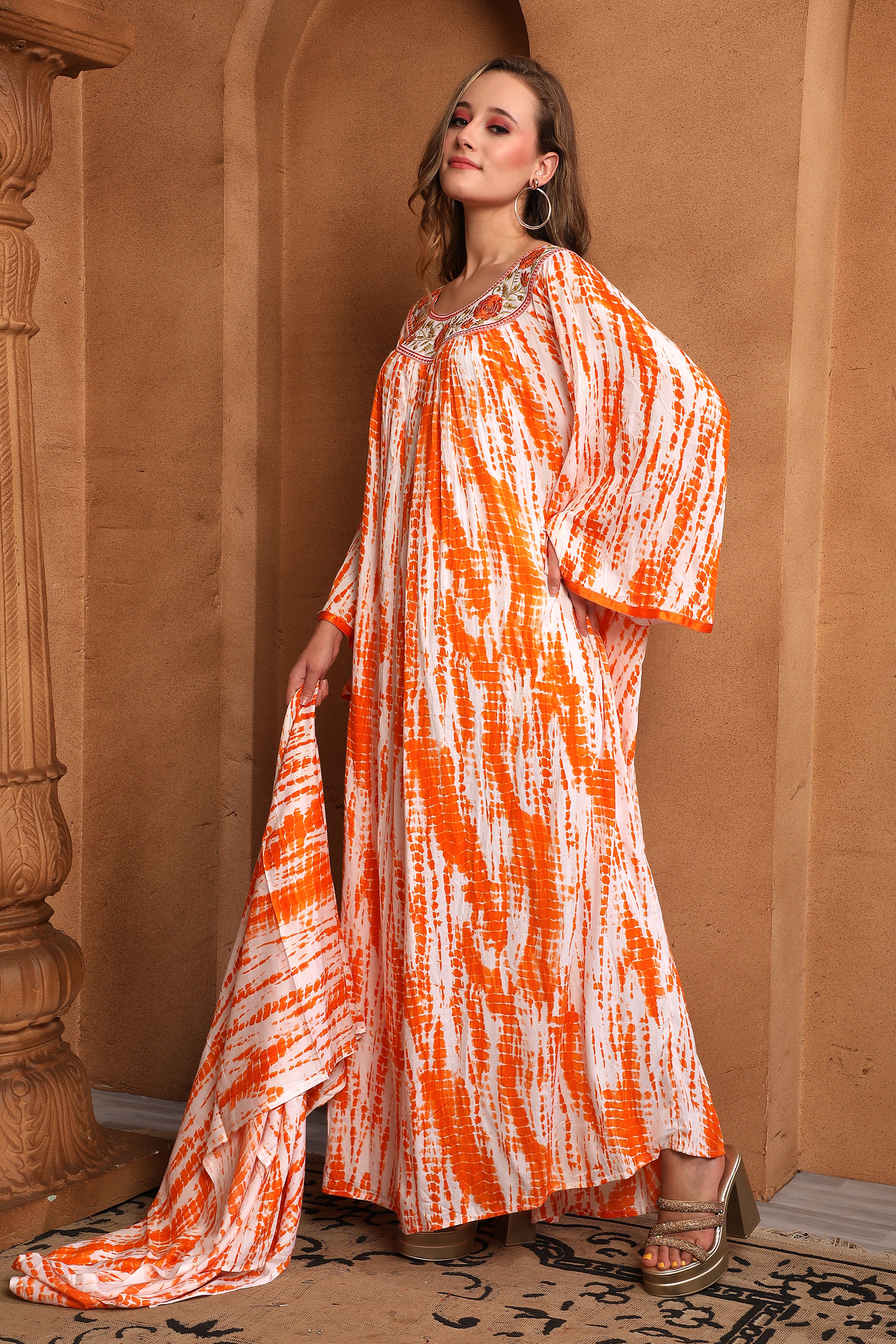 Side of Hala Orange And White Cotton Kaftan With Thread Work